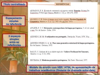Título centralizado




  Espaçamento
    simples
  na referência



    2 espaços
     simples
     entre as
   referências




                      Modelo de acordo com NBR 14724, de apresentação de
                      trabalhos acadêmicos (Sistema de chamada autor-data)
 