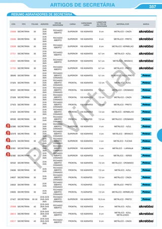 357ARTIGOS DE SECRETÁRIA
CÓD. TIPO FOLHAS AGRAFES
TIPO DE
AGRAFAGEM
CARGA
CAPACIDADE
CARGA
LONGITUDE
DO TIPO DE
AGRAFAGEM
MATERIAL/COR MARCA
23509 SECRETÁRIA 30
22/6
24/6
26/6
FECHADO
ABERTO
SUPERIOR 100 AGRAFES 6 cm METÁLICO - CINZA
23506 SECRETÁRIA 30
22/6
24/6
26/6
FECHADO
ABERTO
SUPERIOR 100 AGRAFES 6 cm METÁLICO - PRETO
23508 SECRETÁRIA 30
22/6
24/6
26/6
FECHADO
ABERTO
SUPERIOR 100 AGRAFES 6 cm METÁLICO -VERMELHO
27721 SECRETÁRIA 30
22/6
24/6
26/6
FECHADO
ABERTO
SUPERIOR 100 AGRAFES 6,7 cm METÁLICO - AZUL
43381 SECRETÁRIA 30
22/6
24/6
26/6
FECHADO
ABERTO
SUPERIOR 100 AGRAFES 6,7 cm METÁLICO - BRANCO
27720 SECRETÁRIA 30
22/6
24/6
26/6
FECHADO
ABERTO
SUPERIOR 100 AGRAFES 6,7 cm METÁLICO - PRETO
39346 SECRETÁRIA 30
22/6
24/6
26/6
FECHADO
ABERTO
CRAVADO
SUPERIOR 100 AGRAFES 6,1 cm PLÁSTICO - AZUL/PRETO
27425 SECRETÁRIA 20
22/6
24/6
26/6
FECHADO
ABERTO
CRAVADO
FRONTAL 100 AGRAFES 7,2 cm METÁLICO - AZUL
02531 SECRETÁRIA 30
22/6
24/6
26/6
FECHADO
ABERTO
CRAVADO
FRONTAL 100 AGRAFES 7,2 cm METÁLICO - CROMADO
27426 SECRETÁRIA 20
22/6
24/6
26/6
FECHADO
ABERTO
CRAVADO
FRONTAL 100 AGRAFES 7,2 cm METÁLICO - CINZA
27423 SECRETÁRIA 20
22/6
24/6
26/6
FECHADO
ABERTO
CRAVADO
FRONTAL 100 AGRAFES 7,2 cm METÁLICO - PRETO
27424 SECRETÁRIA 20
22/6
24/6
26/6
FECHADO
ABERTO
CRAVADO
FRONTAL 100 AGRAFES 7,2 cm METÁLICO - VERMELHO
02530 SECRETÁRIA 30
22/6
24/6
FECHADO
ABERTO
CRAVADO
FRONTAL 70 AGRAFES 7,2 cm METÁLICO - CROMADO
52380 SECRETÁRIA 30
22/6
24/6
26/6
FECHADO
ABERTO
CRAVADO
SUPERIOR 100 AGRAFES 4 cm METÁLICO - AZUL
52378 SECRETÁRIA 30
22/6
24/6
26/6
FECHADO
ABERTO
CRAVADO
SUPERIOR 100 AGRAFES 4 cm METÁLICO - BRANCO
52379 SECRETÁRIA 30
22/6
24/6
26/6
FECHADO
ABERTO
CRAVADO
SUPERIOR 100 AGRAFES 4 cm METÁLICO - FUCSIA
52381 SECRETÁRIA 30
22/6
24/6
26/6
FECHADO
ABERTO
CRAVADO
SUPERIOR 100 AGRAFES 4 cm METÁLICO - LARANJA
52382 SECRETÁRIA 30
22/6
24/6
26/6
FECHADO
ABERTO
CRAVADO
SUPERIOR 100 AGRAFES 4 cm METÁLICO - VERDE
02532 SECRETÁRIA 30
22/6
24/6
FECHADO
ABERTO
CRAVADO
FRONTAL 100 AGRAFES 7,2 cm METÁLICO - CROMADO
24636 SECRETÁRIA 30
22/6
24/6
FECHADO
ABERTO
CRAVADO
FRONTAL 100 AGRAFES 7,2 cm METÁLICO - AZUL
24637 SECRETÁRIA 30
22/6
24/6
FECHADO
ABERTO
CRAVADO
FRONTAL 70 AGRAFES 7,2 cm METÁLICO - CINZA
24634 SECRETÁRIA 30
22/6
24/6
FECHADO
ABERTO
CRAVADO
FRONTAL 70 AGRAFES 7,2 cm METÁLICO - PRETO
24635 SECRETÁRIA 30
22/6
24/6
FECHADO
ABERTO
CRAVADO
FRONTAL 70 AGRAFES 7,2 cm METÁLICO -VERMELHO
27427 SECRETÁRIA 30-35
22/6-22/8
24/6-24/8
26/6
FECHADO
ABERTO
CRAVADO
SUPERIOR 150 AGRAFES 10,3 cm METÁLICO - PRETO
25568 SECRETÁRIA 40
22/6-24/6
26/6-24/8
26/8
FECHADO
ABERTO
FRONTAL 100 AGRAFES 6 cm METÁLICO - AZUL
26613 SECRETÁRIA 40
22/6-24/6
26/6-24/8
26/8
FECHADO
ABERTO
FRONTAL 100 AGRAFES 6 cm
METÁLICO - AZUL
METALIZADO
23517 SECRETÁRIA 40
22/6-24/6
26/6-24/8
26/8
FECHADO
ABERTO
FRONTAL 100 AGRAFES 6 cm METÁLICO - CINZA
RESUMO AGRAFADORES DE SECRETÁRIA
PB
Virtual
 