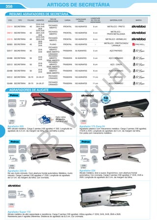 358 ARTIGOS DE SECRETÁRIA
CÓD. TIPO FOLHAS AGRAFES
TIPO DE
AGRAFAGEM
CARGA
CAPACIDADE
CARGA
LONGITUDE
DO TIPO DE
AGRAFAGEM
MATERIAL/COR MARCA
23514 SECRETÁRIA 40
22/6-24/6
26/6-24/8
26/8
FECHADO
ABERTO
FRONTAL 100 AGRAFES 6 cm METÁLICO - PRETO
26612 SECRETÁRIA 40
22/6-24/6
26/6-24/8
26/8
FECHADO
ABERTO
FRONTAL 100 AGRAFES 6 cm
METÁLICO -
PRATA METALIZADA
23516 SECRETÁRIA 40
22/6-24/6
26/6-24/8
26/8
FECHADO
ABERTO
FRONTAL 100 AGRAFES 6 cm METÁLICO -VERMELHO
92003 SECRETÁRIA 40
22/6
24/6
PLANO FRONTAL 100 AGRAFES -
METÁLICO - PRETO/CINZA/
LARANJA
02517 SECRETÁRIA 30
22/6
24/6
FECHADO
ABERTO
SEMI-ABERTO
CRAVADO
TRASEIRA 50 AGRAFES 5 cm AÇO PINTADO
02496 SECRETÁRIA 30
22/6
24/6
FECHADO
ABERTO
SEMI-ABERTO
TRASEIRA 50 AGRAFES 5 cm AÇO CROMADO
02513 SECRETÁRIA 30
22/6
24/6
FECHADO
ABERTO
SEMI-ABERTO
TRASEIRA 100 AGRAFES 8 cm AÇO - CINZA
02498 SECRETÁRIA 30
22/6
24/6
FECHADO
ABERTO
SEMI-ABERTO
TRASEIRA 100 AGRAFES 8 cm AÇO CROMADO
02512 SECRETÁRIA 30-70 24-26-27
FECHADO
CRAVADO
TRASEIRA 100 AGRAFES 11 cm AÇO PINTADO
02499 SECRETÁRIA 30-70 24-26-27
FECHADO
CRAVADO
TRASEIRA 100 AGRAFES 11 cm AÇO CROMADO
RESUMO AGRAFADORES DE SECRETÁRIA
AGRAFADORES DE ALICATE
CÓD.
09127
CÓD.
07958
CÓD.
23522
CÓD.
07957
CÓD.
23523
Agrafador Super 172
Alicate metálico de alta capacidade e resistência. Carga 2 pentes (100 agrafes). Utiliza agrafes nº 22/6, 24/6, 24/8, 26/6 e 26/8.
Resistente para 4 agrafes diferentes. Distância do agrafado de 6,5 cm. Cor cromada.
10G
a
r a nt
ia
anos
Agrafador 205
Mini alicate metálico. Carga 2 pentes (100 agrafes) nº 202. Longitude do
agrafado de 3,3 cm. da margem da folha. Cor vermelha e preta.
Inclui caixa
de agrafes
Petrus nº 202
Agrafador 220-N
De uso muito cómodo. Com abertura frontal automática. Metálico, muito
robusto. Carga 2 pentes (100 agrafes) nº 23/6. Longitude do agrafado
de 5,4 cm. da margem da folha. Cor cromada.
Agrafador 224
Alicate metálico, leve e suave. Ergonómico, com abertura frontal
automática. Cor cromada. Carga 2 pentes (100 agrafes) nº 22/6, 24/6 e
26/6. Longitude do agrafado de 5 cm. da margem da folha.
Agrafador 175 Zang 24
Agrafador plástico com mecanismo metálico. Carga 2 pentes (100 agrafes)
nº22/6 e 24/6. Longitude do agrafado de 5 cm. da margem da folha.
Cor preta com mecanismo metálico.
PB
Virtual
 