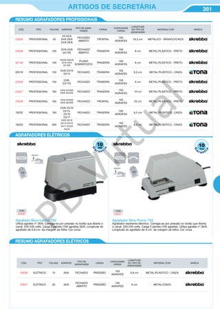 361ARTIGOS DE SECRETÁRIA
Agrafado Skre-Lektro 700
Utiliza agrafes nº 26/6. Carrega-se por pressão no botão que liberta o
canal. 220-240 volts. Carga 2 pentes (100 agrafes) 26/6. Longitude do
agrafado de 0,8 cm. da margem da folha. Cor cinza.
Agrafador Skre-Tronic 702
Agrafador resistente eléctrico. Carrega-se por pressão no botão que liberta
o canal. 220-240 volts. Carga 2 pentes (100 agrafes). Utiliza agrafes nº 26/6.
Longitude do agrafado de 6 cm. da margem da folha. Cor cinza.
CÓD. TIPO FOLHAS AGRAFES
TIPO DE AGRA-
FAGEM
CARGA
CAPACIDADE
CARGA
LONGITUDE
DO TIPO DE
AGRAFAGEM
MATERIAL/COR MARCA
23504 PROFISSIONAL 40
22-22/6
24/6-26/6
24/8-26/8
FECHADO
ABERTO
FRONTAL
100
AGRAFES
24,5 cm METÁLICO - BRANCO/CINZA
23526 PROFISSIONAL 100
22/6-24/6
24/12S
FECHADO
ABERTO
TRASEIRA
100
AGRAFES
8 cm METAL/PLÁSTICO - PRETO
32148 PROFISSIONAL 100
R24/6-R24/8
22/6-24/6
24/10S
PLANO
SOBREPOSTO
TRASEIRA
100
AGRAFES
8 cm METAL/PLÁSTICO - PRETO
02518 PROFISSIONAL 100
23/8-23/10
23/13
FECHADO TRASEIRA
100
AGRAFES
6,5 cm METAL/PLÁSTICO - CINZA
23528 PROFISSIONAL 150
23/8-
23/17S
FECHADO TRASEIRA
100
AGRAFES
6 cm METAL/PLÁSTICO - PRETO
23527 PROFISSIONAL 160
23/8-23/20S
50/8-50/20S
FECHADO TRASEIRA
100
AGRAFES
10 cm METAL/PLÁSTICO - PRETO
23529 PROFISSIONAL 160
23/8-23/20S
50/8-50/20S
FECHADO FRONTAL
100
AGRAFES
25 cm METAL/PLÁSTICO - PRETO
16232 PROFISSIONAL 160
23/8-23/10
23/13-
23/15
23/17
FECHADO TRASEIRA
100
AGRAFES
6,5 cm METAL/PLÁSTICO - CINZA
16233 PROFISSIONAL 260
23/8-23/10
23/13-23/15
23/17-23/20
23/24
FECHADO TRASEIRA
100
AGRAFES
6,5 cm METAL/PLÁSTICO - CINZA
CÓD. TIPO FOLHAS AGRAFES
TIPO DE
AGRAFAGEM
CARGA
CAPACIDADE
CARGA
LONGITUDE
DO TIPO DE
AGRAFAGEM
MATERIAL/COR MARCA
23530 ELÉTRICO 10 26/6 FECHADO PRESSÃO
100
AGRAFES
0,8 cm METAL/PLÁSTICO - CINZA
23531 ELÉTRICO 20 26/6
FECHADO
ABERTO
PRESSÃO
100
AGRAFES
6 cm METAL/CINZA
RESUMO AGRAFADORES PROFISSIONAIS
RESUMO AGRAFADORES ELÉTRICOS
AGRAFADORES ELÉTRICOS
10
G
a
r a nt
ia
anos
10
G
a
r a nt
ia
anos
CÓD.
23530
CÓD.
23531
PB
Virtual
 