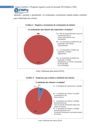 10 Artigo Científico 1: Programa Agentes Locais de Inovação 2014 Sebrae/ CNPq
repetição e gerando o aprendizado. As reclamações corretamente tratadas podem contribuir
para a fidelização dos clientes.
Gráfico 2 – Registro e tratamento de reclamações de clientes
Fonte: Elaborado pela autora (2014).
Gráfico 3 – Empresas que avaliam a satisfação dos clientes
Fonte: Elaborado pela autora (2014).
0%
100%
0%0%
As reclamações dos clientes são registradas e tratadas?
a. Não são disponibilizados canais de
comunicação para os
clientes apresentarem suas
reclamações.
b. As reclamações recebidas não são
registradas e são tratadas
ocasionalmente.
c. As reclamações recebidas são
registradas e tratadas
regularmente.
d. As reclamações recebidas são
registradas e tratadas
regularmente, e o cliente é informado
da solução dada
à sua reclamação.
6%
94%
0%
0%
A satisfação dos clientes é avaliada?
a. A satisfação dos clientes não é avaliada.
b. A satisfação dos clientes é avaliada
eventualmente e de
forma intuitiva
c. A satisfação dos clientes é avaliada
periodicamente por
meio de método formal para alguns dos
grupos de clientes.
d. A satisfação dos clientes é avaliada
periodicamente por meio
de método formal para os principais grupos
de clientes.
 