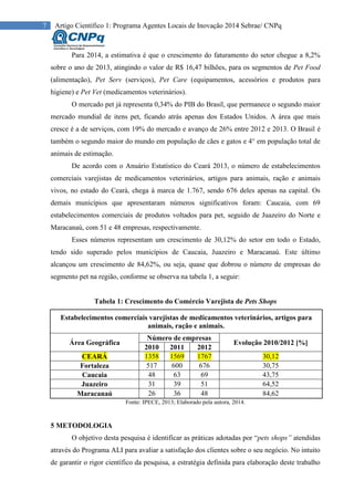 7 Artigo Científico 1: Programa Agentes Locais de Inovação 2014 Sebrae/ CNPq
Para 2014, a estimativa é que o crescimento do faturamento do setor chegue a 8,2%
sobre o ano de 2013, atingindo o valor de R$ 16,47 bilhões, para os segmentos de Pet Food
(alimentação), Pet Serv (serviços), Pet Care (equipamentos, acessórios e produtos para
higiene) e Pet Vet (medicamentos veterinários).
O mercado pet já representa 0,34% do PIB do Brasil, que permanece o segundo maior
mercado mundial de itens pet, ficando atrás apenas dos Estados Unidos. A área que mais
cresce é a de serviços, com 19% do mercado e avanço de 26% entre 2012 e 2013. O Brasil é
também o segundo maior do mundo em população de cães e gatos e 4° em população total de
animais de estimação.
De acordo com o Anuário Estatístico do Ceará 2013, o número de estabelecimentos
comerciais varejistas de medicamentos veterinários, artigos para animais, ração e animais
vivos, no estado do Ceará, chega à marca de 1.767, sendo 676 deles apenas na capital. Os
demais municípios que apresentaram números significativos foram: Caucaia, com 69
estabelecimentos comerciais de produtos voltados para pet, seguido de Juazeiro do Norte e
Maracanaú, com 51 e 48 empresas, respectivamente.
Esses números representam um crescimento de 30,12% do setor em todo o Estado,
tendo sido superado pelos municípios de Caucaia, Juazeiro e Maracanaú. Este último
alcançou um crescimento de 84,62%, ou seja, quase que dobrou o número de empresas do
segmento pet na região, conforme se observa na tabela 1, a seguir:
Tabela 1: Crescimento do Comércio Varejista de Pets Shops
Estabelecimentos comerciais varejistas de medicamentos veterinários, artigos para
animais, ração e animais.
Área Geográfica
Número de empresas
Evolução 2010/2012 [%]
2010 2011 2012
CEARÁ 1358 1569 1767 30,12
Fortaleza 517 600 676 30,75
Caucaia 48 63 69 43,75
Juazeiro 31 39 51 64,52
Maracanaú 26 36 48 84,62
Fonte: IPECE, 2013; Elaborado pela autora, 2014.
5 METODOLOGIA
O objetivo desta pesquisa é identificar as práticas adotadas por “pets shops” atendidas
através do Programa ALI para avaliar a satisfação dos clientes sobre o seu negócio. No intuito
de garantir o rigor científico da pesquisa, a estratégia definida para elaboração deste trabalho
 