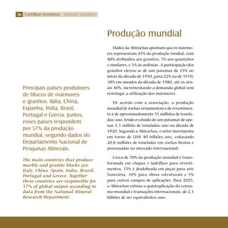 16 Cartilhas Temáticas Thematic Pamphlets
Produção mundial
Dados da Abirochas apontam que os mármo-
res representam 45% da produção mndial, com
40% atribuídos aos granitos, 5% aos quartzitos
e similares, e 5% às ardósias. A participação dos
granitos elevou-se de um patamar de 15% no
início da década de 1950, para 22% na de 1970;
38% em meados da década de 1980, até os atu-
ais 40%, incrementando a demanda global sem
restringir a utilização dos mármores.
De acordo com a associação, a produção
mundial de rochas ornamentais e de revestimen-
to é de aproximadamente 55 milhões de tonela-
das/ano, tendo evoluído de um patamar de ape-
nas 1,5 milhão de toneladas/ano na década de
1920. Segundo a Abirochas, o setor movimenta
em torno de US$ 40 bilhões/ano, colocando
20,8 milhões de toneladas em rochas brutas e
processadas no mercado internacional.
Cerca de 70% da produção mundial é trans-
formada em chapas e ladrilhos para revesti-
mentos, 15% é desdobrada em peças para arte
funerária, 10% para obras estruturais e 5%
para outros campos de aplicações. Para 2025,
a Abirochas estima a quintuplicação do consu-
mo mundial e transações internacionais, de 2,1
bilhões de m² equivalentes/ano.
Principais países produtores
de blocos de mármores
e granitos: Itália, China,
Espanha, Índia, Brasil,
Portugal e Grécia. Juntos,
esses países respondem
por 57% da produção
mundial, segundo dados do
Departamento Nacional de
Pesquisas Minerais.
The main countries that produce
marble and granite blocks are
Italy, China, Spain, India, Brazil,
Portugal and Greece. Together
these countries are responsible for
57% of global output according to
data from the National Mineral
Research Department.
 