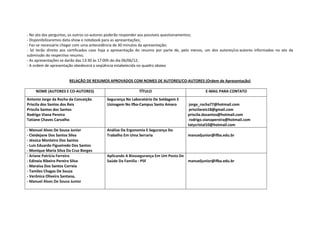 - No ato das perguntas, os outros co-autores poderão responder aos possíveis questionamentos;
- Disponibilizaremos data-show e notebook para as apresentações;
- Faz-se necessário chegar com uma antecedência de 30 minutos da apresentação;
- Só terão direito aos certificados caso haja a apresentação do resumo por parte de, pelo menos, um dos autores/co-autores informados no ato da
submissão do respectivo resumo;
- As apresentações se darão das 13:30 às 17:00h do dia 06/06/12;
- A ordem de apresentação obedecerá a seqüência estabelecida no quadro abaixo


                       RELAÇÃO DE RESUMOS APROVADOS COM NOMES DE AUTORES/CO-AUTORES (Ordem de Apresentação)

    NOME (AUTORES E CO-AUTORES)                             TÍTULO                              E-MAIL PARA CONTATO
Antonio Jorge da Rocha da Conceição        Segurança No Laboratório De Soldagem E
Priscila dos Santos dos Reis               Usinagem No Ifba-Campus Santo Amaro         jorge_rocha77@hotmail.com
Priscila Santos dos Santos                                                             priscilareis18@gmail.com
Rodrigo Viana Pereira                                                                 priscila.dosantos@hotmail.com
Tatiane Chaves Carvalho                                                                rodrigo.vianapereira@hotmail.com
                                                                                      tatycristal10@hotmail.com
- Manuel Alves De Sousa Junior             Análise Da Ergonomia E Segurança Do
- Cleidejane Dos Santos Silva              Trabalho Em Uma Serraria                   manueljunior@ifba.edu.br
- Jéssica Monteiro Dos Santos
- Luis Eduardo Figueiredo Dos Santos
- Monique Maria Silva Da Cruz Borges
- Ariane Patrícia Ferreira                 Aplicando A Biossegurança Em Um Posto De
- Edineia Ribeiro Pereira Silva            Saúde Da Familia - PSF                   manueljunior@ifba.edu.br
- Maraisa Dos Santos Correia
- Tamiles Chagas De Souza
- Verônica Oliveira Santana,
- Manuel Alves De Sousa Junior
 