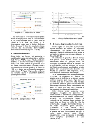 11
 
Figura 15 – Comparação de Heave
As diferenças de comportamento em ondas
foram muito pequenas entre os cascos criados
e um pouco maiores entre o casco final do
SBBR e o X Bow, ver Figura 14. É
interessante notar que o Motion Sickness
Index do casco “X Bow” deu resultados piores,
embora os movimentos deheaveepitch
tenham sido melhores (Figuras 15 e 16).
6.3 – Estabilidade Intacta
Para todas as formas foi estudada a
estabilidade intacta, considerando os critérios
IMO 749 (ex. A167 e mais o Weather Criteria).
Estimou-se as embarcaçõeseven keel(LCG =
LCB) e um centro vertical de gravidade a 2/3
do pontal, uma área vélica (e braço) para a
superestrutura, usou-se um vento de través de
100 kt, e todas as configurações passaram
nos critérios. A Figura 17apresenta, em forma
de exemplo, a curva de estabilidade da forma
(SBBR) selecionada.
Figura 16 – Comparação de Pitch
-1,2
-0,8
-0,4
0
0,4
0,8
1,2
1,6
0 40 80 120
Max GZ = 0,869 mat 40 deg.
3.1.2.4: Initial GMt GMat 0,0 deg = 3,546 m
3.2.2: Severe w ind and rolling Wind Heeling (steady)
3.2.2: Severe w ind and rolling Wind Heeling (gust)
Heel to Starboard deg.
G
Z
m
Fi
gura 17 – Curva de Estabilidade do SBBR
7 – O sistema de propulsão diesel elétrico
Nesta seção são discutidos sucintamente
alguns aspectos do sistema de propulsão
Diesel-elétrico cujo projeto está ora em
execução. Detalhes mais específicos sobre a
parte elétrica são apresentados em Vásquez e
Morishita (2012).
Os sistemas de propulsão Diesel elétrico
tem grande apelo técnico devido a sua
flexibilidade tanto na geração como na
utilização da energia elétrica. A geração de
energia elétrica pode ser efetuada por grupos
de Diesel-geradores cuja quantidade e arranjo
podem ser convenientemente definidos em
função da potência total requerida, risco,
manutenção e estabilidade por exemplo.
Já os utilizadores podem ser os propulsores
principais, os atuadores do sistema de
posicionamento dinâmico e as demais cargas
elétricas exigidas pelo navio. Aqui convém
ressaltar que, se os atuadores são movidos
por motores elétricos, ganha-se uma enorme
flexibilidade de arranjo destes componentes ao
longo do navio, uma vez que a energia é
transportada através de cabos elétricos.
Este sistema ainda apresenta como
vantagens reduções no consumo de
combustível e na emissão de gases poluentes,
se comparado com um sistema convencional,
aumento de confiabilidade devido à
redundância dos motores Diesel, redução do
custo total ao longo do ciclo de vida da
embarcação e reduções do nível de vibração e
de ruído provocados pelos atuadores.
(Kokshoorn e Von Ubisch, 2011;
Vossen,2011). Todas estas vantagens tendem
a superar as suas desvantagens que são o
maior peso, volume, custo inicial,
equipamentos mais complexos e operação
mais complexa (Kokshoorn e Von
Ubisch,2011).
 