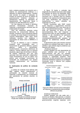13
todo o sistema propulsor em conjunto com o
sistema de posicionamento dinâmico e a
definição do sistema Diesel-elétrico. Também
está previsto no projeto a realização de
ensaios em tanques de prova do sistema de
posicionamento dinâmico utilizando a
infraestrutura existente no laboratório do
Departamento de Engenharia Naval e
Oceânica da USP (Morishita et al. 2010)
Um dos objetivos do estudo é identificar
possíveis fornecedores nacionais de
máquinas e equipamentos nacionais para as
embarcações em projeto.
Para isto realizamos pesquisa juntoa
fabricantes de componentes elétricos, de
bombas, atuadores como propulsores laterais
e cicloidais, de motor Diesel e montadores do
conjunto Diesel-elétrico. Além disso, foram
realizadas reuniões com estaleiros e
associações de classe como a ABIMAQ e a
ABEAM.
O que se detectou é que a indústria
brasileira está consolidada para o
fornecimento de geradores elétricos, quadros
elétricos, cabos e barramentos,
transformadores, conversores eletrônicos de
potência, motores elétricos para os diversos
atuadores, alguns tipos de bombas e válvulas.
No entanto, reafirma-se aqui que, para
aproveitar todo este potencial e desenvolver
outros fornecedores há que se definir uma
política para privilegiar encomendas de
construção de embarcações que tenham
projetos desenvolvidos em escritórios
nacionais.
8– Implicações da política de conteúdo
local
A política de conteúdo local definida pela
ANP objetiva elevar gradualmente a
participação da indústria nacional de
máquinas e equipamentos nos investimentos
das operadoras de petróleo atuantes no
Brasil.
Figura 19: Evolução do conteúdo local em
função das rodadas de licitação da ANP
A figura 19 ilustra a evolução das
exigências de conteúdo local para cada rodada
de licitações de blocos de exploração (ANP,
2012).Porém, o mesmo documento da ANP
reconhece que a situação atual da indústria
brasileira é de carência de fornecedores para
uma parte significativa das máquinas e
equipamentos a serem utilizados na
exploração do Pré-sal.
Estudo coordenado pela ONIP mostra
queas máquinas e equipamentos nacionais
são aproximadamente 55% mais caros que os
seus equivalentesinternacionais. Conforme
pode ser observado na figura 20, para
aproximadamente 80% das máquinas e
equipamentos (94% do valor agregado), existe
carência ou até inexistência de suprimento
nacional. Observe-se que a figura
considerapreponderantemente gargalos na
produção de plataformas offshore (ONIP,
2010).
O atendimento pleno pela indústria nacional
da política de conteúdo local para o setor de
petróleo e gás enfrenta alguns problemas que
merecem ser citados:
Arcabouço estrutural
Existem gargalos que são dependentes da
própria indústria para promover o seu
desenvolvimento que são, por exemplo,
recursos humanos qualificados, tecnologia &
inovação e capacidade produtiva. Para
desenvolver os dois primeiros itens, quiçá seja
pertinente estabelecer políticas que privilegiem
construção naval e offshore com projetos
(design) nacionais.
Figura 20: Oferta nacional versus estrangeira
de máquinas e equipamentos para produção
offshore de petróleo.
Arcabouço institucional
Existem gargalos que não estão sob o
domínio da indústria. Naturalmente, a indústria
nacional é suscetível às políticas de incentivos
governamentais (regimes especiais como
 