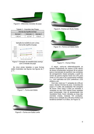 9
Figura 6 – Diferentes imersões de popa
Tabela 2 – Imersões das Popas
Imersão do Espelho de Popa
Imersão 1 Imersão 2 Imersão 3
1,962 m² 6,37 m² 9,56 m²
Figura 7–Variação da resistênciaao avanço
com a imersão de popa
As cinco proas testadas e suas formas
estão mostradas nas figuras nas figuras de 7
a 11.
Figura 7 – Forma sem Bulbo
Figura 8 – Forma com Bulbo Lente
Figura 9 – Forma com Bulbo Nabla
Figura 10 – Forma com Bulbo Delta
Figura 11 – Forma X Bow
A seguir, variou-se sistematicamente os
centros longitudinais de carena (LCB) dentro
de faixas consideradas razoáveis de se admitir
para a manutenção do equilíbrio nas condições
de carregamento. Essas variações, a partir do
centro de carena original, foram de 2,5% para
vante e 2,5% para ré do comprimento molhado
LWL, com intervalos de 0,5% (referência: LCG
positivo a ré).
Com isto, criam-se 11 variações de LCB por
casco. Sendo 5 formas de proa, 3 imersões de
popa e 11 LCBs, são analisadas 165 variações
de forma. Para casco X Bow as imersões e
variações do seu LCB original foram testadas
para comparação, mas na apresentação dos
resultados finais, foram retiradas as duas das
imersões criadas, restando 143 condições.
Deixou-se a variação do LCB para mostrar sua
tendência também no X Bow, ver Figura 12.
 