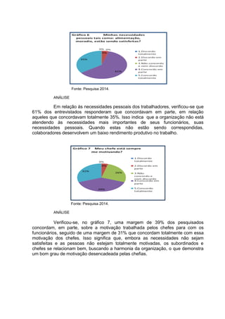 Fonte: Pesquisa 2014.
ANÁLISE
Em relação às necessidades pessoais dos trabalhadores, verificou-se que
61% dos entrevistados responderam que concordavam em parte, em relação
aqueles que concordavam totalmente 35%. Isso indica que a organização não está
atendendo às necessidades mais importantes de seus funcionários, suas
necessidades pessoais. Quando estas não estão sendo correspondidas,
colaboradores desenvolvem um baixo rendimento produtivo no trabalho.
Fonte: Pesquisa 2014.
ANÁLISE
Verificou-se, no gráfico 7, uma margem de 39% dos pesquisados
concordam, em parte, sobre a motivação trabalhada pelos chefes para com os
funcionários, seguido de uma margem de 31% que concordam totalmente com essa
motivação dos chefes. Isso significa que, embora as necessidades não sejam
satisfeitas e as pessoas não estejam totalmente motivadas, os subordinados e
chefes se relacionam bem, buscando a harmonia da organização, o que demonstra
um bom grau de motivação desencadeada pelas chefias.
 