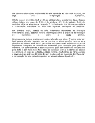 Um terceiro fator ligado à qualidade do leite refere-se ao seu valor nutritivo, ou
seja,                 sua                 composição                  nutricional.

O leite contém em média 12,5 a 13% de sólidos totais, o restante é água. Desses
sólidos totais, em torno de 3,5% é de gordura; 4,9 % de lactose; 3,6% de
proteína; além de vitaminas e minerais. O conhecimento dos fatores que afetam
a composição nutricional do leite traz algumas vantagens ao produtor.

Em primeiro lugar, tratase de uma ferramenta importante na avaliação
nutricional da dieta, podendo levar a informações sobre a eficiência de utilização
de         nutrientes       e         sobre       a        saúde          animal.

O componente lactose praticamente não é afetado pela dieta. Proteína pode ser
ligeiramente afetada, mas pelo teor de proteína do leite é possível detectar se a
proteína microbiana está sendo produzida em quantidades suficientes e se há
suprimento adequado de aminoácidos essenciais para absorção pela glândula
mamária. Em contrapartida, o teor de gordura pode ser fortemente influenciado
pela dieta e, por meio desse fator pode-se especular sobre a incidência de cetose
nos animais em início de lactação, acidose ruminal, insuficiência de fibra na dieta
e severidade do estresse térmico. De um modo geral, as maneiras de influenciar
a composição do leite pela dieta podem ser visualizadas no Quadro 01.
 