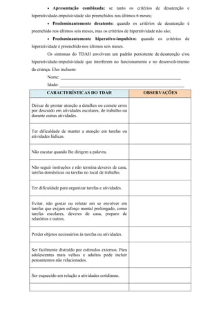  Apresentação combinada: se tanto os critérios de desatenção e
hiperatividade-impulsividade são preenchidos nos últimos 6 meses;
 Predominantemente desatento: quando os critérios de desatenção é
preenchido nos últimos seis meses, mas os critérios de hiperatividade não são;
 Predominantemente hiperativo-impulsivo: quando os critérios de
hiperatividade é preenchido nos últimos seis meses.
Os sintomas do TDAH envolvem um padrão persistente de desatenção e/ou
hiperatividade-impulsividade que interferem no funcionamento e no desenvolvimento
da criança. Eles incluem:
Nome: ______________________________________________________
Idade: ________________________________________________________
CARACTERÍSTICAS DO TDAH OBSERVAÇÕES
Deixar de prestar atenção a detalhes ou comete erros
por descuido em atividades escolares, de trabalho ou
durante outras atividades.
Ter dificuldade de manter a atenção em tarefas ou
atividades lúdicas.
Não escutar quando lhe dirigem a palavra.
Não seguir instruções e não termina deveres de casa,
tarefas domésticas ou tarefas no local de trabalho.
Ter dificuldade para organizar tarefas e atividades.
Evitar, não gostar ou relutar em se envolver em
tarefas que exijam esforço mental prolongado, como
tarefas escolares, deveres de casa, preparo de
relatórios e outros.
Perder objetos necessários às tarefas ou atividades.
Ser facilmente distraído por estímulos externos. Para
adolescentes mais velhos e adultos pode incluir
pensamentos não relacionados.
Ser esquecido em relação a atividades cotidianas.
 