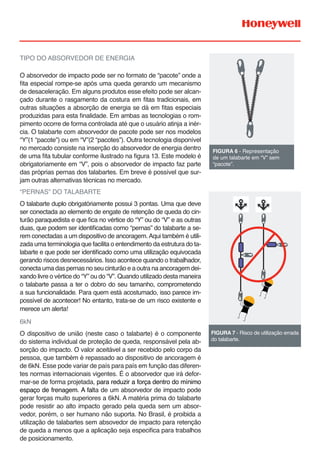 TIPO DO ABSORVEDOR DE ENERGIA
O absorvedor de impacto pode ser no formato de “pacote” onde a
fita especial rompe-se após uma queda gerando um mecanismo
de desaceleração. Em alguns produtos esse efeito pode ser alcan-
çado durante o rasgamento da costura em fitas tradicionais, em
outras situações a absorção de energia se dá em fitas especiais
produzidas para esta finalidade. Em ambas as tecnologias o rom-
pimento ocorre de forma controlada até que o usuário atinja a inér-
cia. O talabarte com absorvedor de pacote pode ser nos modelos
“Y”(1 “pacote”) ou em “V”(2 “pacotes”). Outra tecnologia disponível
no mercado consiste na inserção do absorvedor de energia dentro
de uma fita tubular conforme ilustrado na figura 13. Este modelo é
obrigatoriamente em “V”, pois o absorvedor de impacto faz parte
das próprias pernas dos talabartes. Em breve é possível que sur-
jam outras alternativas técnicas no mercado.
“PERNAS” DO TALABARTE
O talabarte duplo obrigatóriamente possui 3 pontas. Uma que deve
ser conectada ao elemento de engate de retenção de queda do cin-
turão paraquedista e que fica no vértice do “Y” ou do “V” e as outras
duas, que podem ser identificadas como “pernas” do talabarte a se-
rem conectadas a um dispositivo de ancoragem.Aqui também é utili-
zada uma terminologia que facilita o entendimento da estrutura do ta-
labarte e que pode ser identificado como uma utilização equivocada
gerando riscos desnecessários. Isso acontece quando o trabalhador,
conecta uma das pernas no seu cinturão e a outra na ancoragem dei-
xando livre o vértice do “Y” ou do “V”. Quando utilizado desta maneira
o talabarte passa a ter o dobro do seu tamanho, comprometendo
a sua funcionalidade. Para quem está acostumado, isso parece im-
possível de acontecer! No entanto, trata-se de um risco existente e
merece um alerta!
6kN
O dispositivo de união (neste caso o talabarte) é o componente
do sistema individual de proteção de queda, responsável pela ab-
sorção do impacto. O valor aceitável a ser recebido pelo corpo da
pessoa, que também é repassado ao dispositivo de ancoragem é
de 6kN. Esse pode variar de país para país em função das diferen-
tes normas internacionais vigentes. É o absorvedor que irá defor-
mar-se de forma projetada, para reduzir a força dentro do mínimo
espaço de frenagem. A falta de um absorvedor de impacto pode
gerar forças muito superiores a 6kN. A matéria prima do talabarte
pode resistir ao alto impacto gerado pela queda sem um absor-
vedor, porém, o ser humano não suporta. No Brasil, é proibida a
utilização de talabartes sem absovedor de impacto para retenção
de queda a menos que a aplicação seja especifica para trabalhos
de posicionamento.
FIGURA 6 - Representação
de um talabarte em “V” sem
“pacote”.
FIGURA 7 - Risco de utilização errada
do talabarte.
 