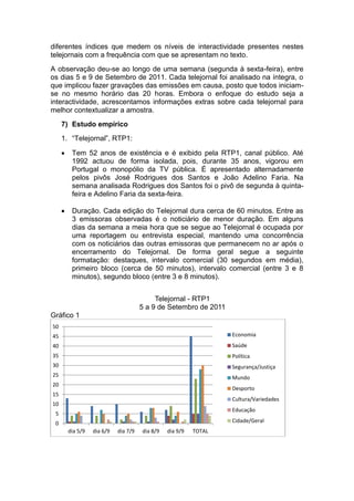 diferentes índices que medem os níveis de interactividade presentes nestes
telejornais com a frequência com que se apresentam no texto.
A observação deu-se ao longo de uma semana (segunda à sexta-feira), entre
os dias 5 e 9 de Setembro de 2011. Cada telejornal foi analisado na íntegra, o
que implicou fazer gravações das emissões em causa, posto que todos iniciam-
se no mesmo horário das 20 horas. Embora o enfoque do estudo seja a
interactividade, acrescentamos informações extras sobre cada telejornal para
melhor contextualizar a amostra.
     7) Estudo empírico
     1. “Telejornal”, RTP1:

         Tem 52 anos de existência e é exibido pela RTP1, canal público. Até
          1992 actuou de forma isolada, pois, durante 35 anos, vigorou em
          Portugal o monopólio da TV pública. É apresentado alternadamente
          pelos pivôs José Rodrigues dos Santos e João Adelino Faria. Na
          semana analisada Rodrigues dos Santos foi o pivô de segunda à quinta-
          feira e Adelino Faria da sexta-feira.

         Duração. Cada edição do Telejornal dura cerca de 60 minutos. Entre as
          3 emissoras observadas é o noticiário de menor duração. Em alguns
          dias da semana a meia hora que se segue ao Telejornal é ocupada por
          uma reportagem ou entrevista especial, mantendo uma concorrência
          com os noticiários das outras emissoras que permanecem no ar após o
          encerramento do Telejornal. De forma geral segue a seguinte
          formatação: destaques, intervalo comercial (30 segundos em média),
          primeiro bloco (cerca de 50 minutos), intervalo comercial (entre 3 e 8
          minutos), segundo bloco (entre 3 e 8 minutos).


                                            Telejornal - RTP1
                                       5 a 9 de Setembro de 2011
Gráfico 1
50
45                                                                 Economia
40                                                                 Saúde
35                                                                 Política
30                                                                 Segurança/Justiça
25                                                                 Mundo
20
                                                                   Desporto
15
                                                                   Cultura/Variedades
10
                                                                   Educação
 5
 0                                                                 Cidade/Geral
         dia 5/9   dia 6/9   dia 7/9   dia 8/9   dia 9/9   TOTAL
 