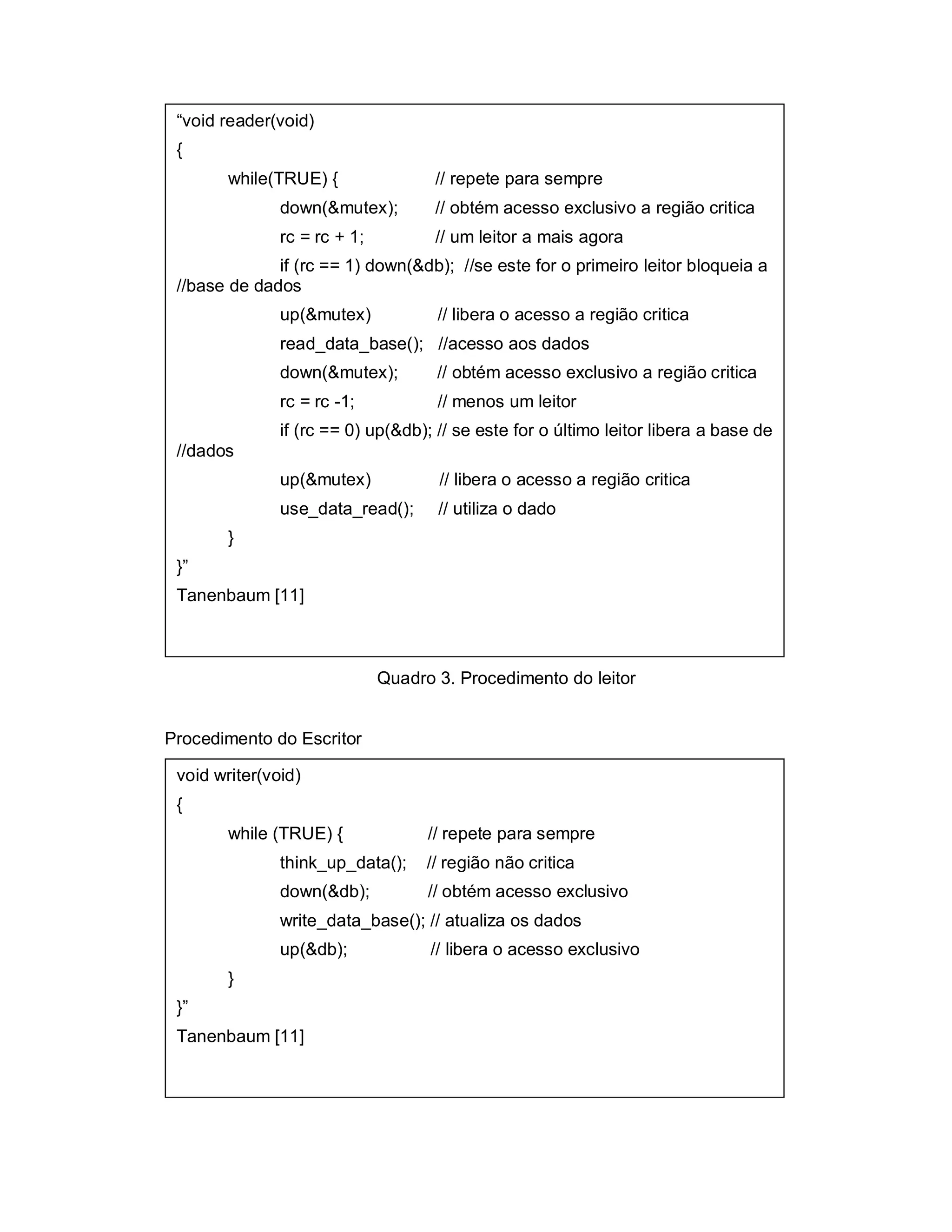 “void reader(void)
 {
        while(TRUE) {                // repete para sempre
               down(&mutex);         // obtém acesso exclusivo a região critica
               rc = rc + 1;          // um leitor a mais agora
              if (rc == 1) down(&db); //se este for o primeiro leitor bloqueia a
 //base de dados
               up(&mutex)            // libera o acesso a região critica
               read_data_base(); //acesso aos dados
               down(&mutex);         // obtém acesso exclusivo a região critica
               rc = rc -1;           // menos um leitor
               if (rc == 0) up(&db); // se este for o último leitor libera a base de
 //dados
               up(&mutex)            // libera o acesso a região critica
               use_data_read();      // utiliza o dado
        }
 }”
 Tanenbaum [11]



                              Quadro 3. Procedimento do leitor


Procedimento do Escritor

 void writer(void)
 {
        while (TRUE) {              // repete para sempre
               think_up_data();     // região não critica
               down(&db);           // obtém acesso exclusivo
               write_data_base(); // atualiza os dados
               up(&db);             // libera o acesso exclusivo
        }
 }”
 Tanenbaum [11]
 