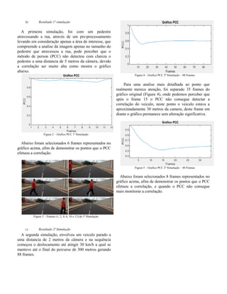 b) Resultado 1ª simulação
A primeira simulação, foi com um pedestre
atravessando a rua, através de um pre-processamento
levando em consideração apenas a área de interesse, que
compreende a analise da imagem apenas no tamanho do
pedestre que atravessou a rua, pode perceber que o
método de person (PCC) não detectou com clareza o
pedestre a uma distancia de 5 metros da câmera, devido
a correlação ser muito alta como mostra o gráfico
abaixo.
Figura 2 – Grafico PCC 1ª Simulação
Abaixo foram selecionados 6 frames representados no
gráfico acima, afim de demonstrar os pontos que o PCC
efetuou a correlação.
Figura 3 – Frames (1, 2, 4, 6, 10 e 12) da 1ª Simulação
c) Resultado 2ª Simulação
A segunda simulação, envolveu um veiculo parado a
uma distancia de 2 metros da câmera e na sequência
começou o deslocamento até atingir 30 km/h a qual se
manteve até o final do percurso de 300 metros gerando
88 frames.
Figura 4 – Grafico PCC 2ª Simulação – 88 Frames
Para uma analise mais detalhada ao ponto que
realmente merece atenção, foi separado 35 frames do
gráfico original (Figura 4), onde podemos perceber que
após o frame 15 o PCC não consegue detectar a
correlação do veiculo, neste ponto o veiculo estava a
aproximadamente 30 metros da camera, deste frame em
diante o gráfico permanece sem alteração significativa.
Figura 5 – Grafico PCC 2ª Simulação – 40 Frames
Abaixo foram selecionados 8 frames representados no
gráfico acima, afim de demonstrar os pontos que o PCC
efetuou a correlação, e quando o PCC não consegue
mais monitorar a correlação.
 