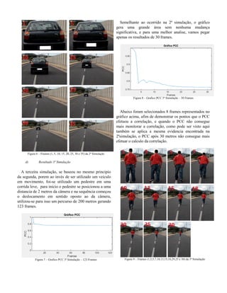 Figura 6 – Frames (1, 5, 10, 15, 20, 25, 30 e 35) da 2ª Simulação
d) Resultado 3ª Simulação
A terceira simulação, se baseou no mesmo principio
da segunda, porem ao invés de ser utilizado um veiculo
em movimento, foi-se utilizado um pedestre em uma
corrida leve, para inicio o pedestre se posicionou a uma
distancia de 2 metros da câmera e na sequência começou
o deslocamento em sentido oposto ao da câmera,
utilizou-se para isso um percurso de 200 metros gerando
123 frames.
Figura 7 – Grafico PCC 3ª Simulação – 123 Frames
Semelhante ao ocorrido na 2ª simulação, o gráfico
gera uma grande área sem nenhuma mudança
significativa, e para uma melhor analise, vamos pegar
apenas os resultados de 30 frames.
Figura 8 – Grafico PCC 3ª Simulação – 30 Frames
Abaixo foram selecionados 8 frames representados no
gráfico acima, afim de demonstrar os pontos que o PCC
efetuou a correlação, e quando o PCC não consegue
mais monitorar a correlação, como pode ser visto aqui
também se aplica a mesma evidencia encontrada na
2ªsimulação, o PCC após 30 metros não consegue mais
efetuar o calculo da correlação.
Figura 9 – Frames (1,3,5,7,10,13,15,18,29,25 e 30) da 3ª Simulação
 