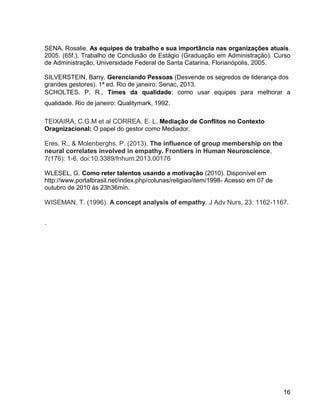 16
SENA, Rosalie. As equipes de trabalho e sua importância nas organizações atuais.
2005. (65f.). Trabalho de Conclusão de Estágio (Graduação em Administração). Curso
de Administração, Universidade Federal de Santa Catarina, Florianópolis, 2005.
SILVERSTEIN, Barry. Gerenciando Pessoas (Desvende os segredos de liderança dos
grandes gestores). 1ª ed. Rio de janeiro: Senac, 2013.
SCHOLTES. P. R., Times da qualidade: como usar equipes para melhorar a
qualidade. Rio de janeiro: Qualitymark, 1992.
TEIXAIRA, C.G.M et al CORREA. E. L. Mediação de Conflitos no Contexto
Oragnizacional: O papel do gestor como Mediador.
Eres, R., & Molenberghs, P. (2013). The influence of group membership on the
neural correlates involved in empathy. Frontiers in Human Neuroscience,
7(176): 1-6. doi:10.3389/fnhum.2013.00176
WLESEL, G. Como reter talentos usando a motivação (2010). Disponível em
http://www.portalbrasil.net/index.php/colunas/religiao/item/1998- Acesso em 07 de
outubro de 2010 às 23h36min.
WISEMAN, T. (1996). A concept analysis of empathy. J Adv Nurs, 23: 1162-1167.
.
 