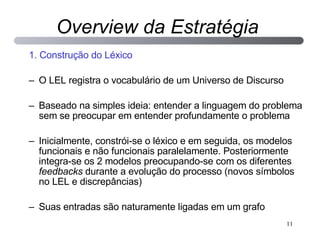 1. Construção do Léxico O LEL registra o vocabulário de um Universo de Discurso  Baseado na simples ideia: entender a linguagem do problema sem se preocupar em entender profundamente o problema Inicialmente, constrói-se o léxico e em seguida, os modelos funcionais e não funcionais paralelamente. Posteriormente integra-se os 2 modelos preocupando-se com os diferentes  feedbacks  durante a evolução do processo (novos símbolos no LEL e discrepâncias) Suas entradas são naturamente ligadas em um grafo Overview da Estratégia 