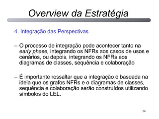 4. Integração das Perspectivas O processo de integração pode acontecer tanto na  early phase,  integrando os NFRs aos casos de usos e cenários, ou depois, integrando os NFRs aos diagramas de classes,  sequência  e colaboração  É importante ressaltar que a integração é baseada na ideia que os grafos NFRs e o diagramas de classes, sequência e colaboração serão construídos utilizando símbolos do LEL.  Overview da Estratégia 