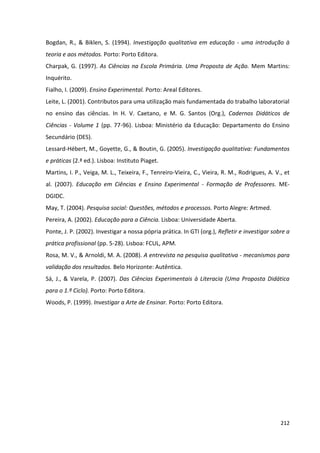 212
Bogdan, R., & Biklen, S. (1994). Investigação qualitativa em educação - uma introdução à
teoria e aos métodos. Porto: Porto Editora.
Charpak, G. (1997). As Ciências na Escola Primária. Uma Proposta de Ação. Mem Martins:
Inquérito.
Fialho, I. (2009). Ensino Experimental. Porto: Areal Editores.
Leite, L. (2001). Contributos para uma utilização mais fundamentada do trabalho laboratorial
no ensino das ciências. In H. V. Caetano, e M. G. Santos (Org.), Cadernos Didáticos de
Ciências - Volume 1 (pp. 77-96). Lisboa: Ministério da Educação: Departamento do Ensino
Secundário (DES).
Lessard-Hébert, M., Goyette, G., & Boutin, G. (2005). Investigação qualitativa: Fundamentos
e práticas (2.ª ed.). Lisboa: Instituto Piaget.
Martins, I. P., Veiga, M. L., Teixeira, F., Tenreiro-Vieira, C., Vieira, R. M., Rodrigues, A. V., et
al. (2007). Educação em Ciências e Ensino Experimental - Formação de Professores. ME-
DGIDC.
May, T. (2004). Pesquisa social: Questões, métodos e processos. Porto Alegre: Artmed.
Pereira, A. (2002). Educação para a Ciência. Lisboa: Universidade Aberta.
Ponte, J. P. (2002). Investigar a nossa pópria prática. In GTI (org.), Refletir e investigar sobre a
prática profissional (pp. 5-28). Lisboa: FCUL, APM.
Rosa, M. V., & Arnoldi, M. A. (2008). A entrevista na pesquisa qualitativa - mecanismos para
validação dos resultados. Belo Horizonte: Autêntica.
Sá, J., & Varela, P. (2007). Das Ciências Experimentais à Literacia (Uma Proposta Didática
para o 1.º Ciclo). Porto: Porto Editora.
Woods, P. (1999). Investigar a Arte de Ensinar. Porto: Porto Editora.
 
