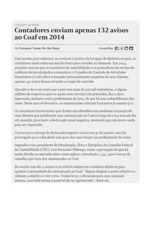 Artigo Valor - Contadores enviam apenas 132 avisos ao COAF em 2014