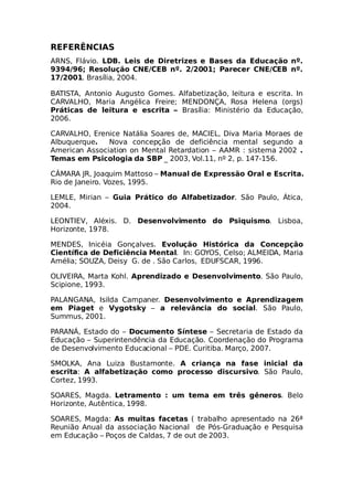 REFERÊNCIAS
ARNS, Flávio. LDB. Leis de Diretrizes e Bases da Educação nº.
9394/96; Resolução CNE/CEB nº. 2/2001; Parecer CNE/CEB nº.
17/2001. Brasília, 2004.
BATISTA, Antonio Augusto Gomes. Alfabetização, leitura e escrita. In
CARVALHO, Maria Angélica Freire; MENDONÇA, Rosa Helena (orgs)
Práticas de leitura e escrita – Brasília: Ministério da Educação,
2006.
CARVALHO, Erenice Natália Soares de, MACIEL, Diva Maria Moraes de
Albuquerque. Nova concepção de deficiência mental segundo a
American Association on Mental Retardation – AAMR : sistema 2002 .
Temas em Psicologia da SBP _ 2003, Vol.11, nº 2, p. 147-156.
CÂMARA JR, Joaquim Mattoso – Manual de Expressão Oral e Escrita.
Rio de Janeiro. Vozes, 1995.
LEMLE, Mirian – Guia Prático do Alfabetizador. São Paulo, Ática,
2004.
LEONTIEV, Aléxis. D. Desenvolvimento do Psiquismo. Lisboa,
Horizonte, 1978.
MENDES, Inicéia Gonçalves. Evolução Histórica da Concepção
Científica de Deficiência Mental. In: GOYOS, Celso; ALMEIDA, Maria
Amélia; SOUZA, Deisy G. de . São Carlos, EDUFSCAR, 1996.
OLIVEIRA, Marta Kohl. Aprendizado e Desenvolvimento. São Paulo,
Scipione, 1993.
PALANGANA, Isilda Campaner. Desenvolvimento e Aprendizagem
em Piaget e Vygotsky – a relevância do social. São Paulo,
Summus, 2001.
PARANÁ, Estado do – Documento Síntese – Secretaria de Estado da
Educação – Superintendência da Educação. Coordenação do Programa
de Desenvolvimento Educacional – PDE. Curitiba. Março, 2007.
SMOLKA, Ana Luiza Bustamonte. A criança na fase inicial da
escrita: A alfabetização como processo discursivo. São Paulo,
Cortez, 1993.
SOARES, Magda. Letramento : um tema em três gêneros. Belo
Horizonte, Autêntica, 1998.
SOARES, Magda: As muitas facetas ( trabalho apresentado na 26ª
Reunião Anual da associação Nacional de Pós-Graduação e Pesquisa
em Educação – Poços de Caldas, 7 de out de 2003.
 