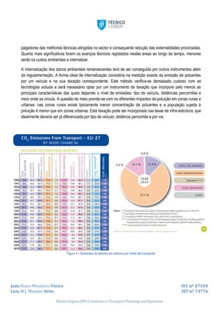 João Nuno Monteiro Vieira IST nº 47104
Luís M.J. Mendes Neto IST nº 74776
Master degree (MSc) students in Transport Planning and Operation
pagadores das melhorias técnicas atingidas no sector e consequente redução das externalidades provocadas.
Quanto mais significativos forem os avanços técnicos registados nestas áreas ao longo do tempo, menores
serão os custos ambientais a internalizar.
A internalização dos danos ambientais remanescentes terá de ser conseguida por outros instrumentos além
da regulamentação. A forma ideal de internalização consistiria na medição exacta da emissão de poluentes
por um veículo e na sua taxação correspondente. Este método verifica-se demasiado custoso com as
tecnologias actuais e será necessário optar por um instrumento de taxação que incorpore pelo menos as
principais características das quais depende o nível de emissões: tipo de veículo, distâncias percorridas e
meio onde se circula. A questão do meio prende-se com os diferentes impactos da poluição em zonas rurais e
urbanas: nas zonas rurais existe tipicamente menor concentração de poluentes e a população sujeita à
poluição é menor que em zonas urbanas. Esta taxação pode ser incorporada nas taxas de infra-estrutura, que
idealmente deveria ser já diferenciada por tipo de veículo, distância percorrida e por via.
Figura 4 – Emissões de dióxido de carbono por modo de transporte
 
