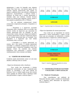 equipamento  é  capaz  de  hospedar  uma  máquina  
virtual.  Para  fazer  isso,  você  precisa  apenas  de  um  
software  especial  desenvolvido  para  igualar  ou  
superar o ambiente físico, este software é chamado de  
hypervisor.  Essencialmente,  o  software  simula  o  
hardware,  de  forma  que  o  sistema  operacional  é  
instalado  sobre  esse  software.  Existem  diversos  
pacotes  de  software  para máquinas  virtuais,  porém  o  
mais popular na plataforma x86 é o VMware.  
Em  um  ambiente  computacional  virtual,  
existem dois componentes principais: o hospedeiro e o  
convidado.   
-  Hospedeiro  é  o  hypervisor  executado  
diretamente  sobre o hardware  físico ou  servidor, mas  
existem  versões  de  hypervisor  que  necessitam  do  
sistema  operacional  para  ser  instalado,  ou  seja,  
existem duas versões: uma que o hypervisor também é  
o sistema operacional e uma que o hypervisor precisa  
de  um  sistema  operacional  para  ser  instalado.  Esse  
hospedeiro  é  o  hypervisor  que  você  instala  
inicialmente sobre o servidor.   
-  Convidado  é  o  sistema  operacional,  no  
entanto,  não  é  tão  restrito.  O  sistema  operacional  
convidado  é  o  ambiente  computacional  virtual  que  é  
executado  sobre  o  hypervisor  hospedeiro  como  uma  
máquina  virtual.  Ao  contrário  dos  sistemas  
hospedeiros  mais  tradicionais,  é  possível  manter  
simultaneamente vários sistemas convidados.  
  
4.1  VERSÕES DE HYPERVISOR  
Conforme  citado  anteriormente  vamos  ver  com mais  
detalhes a diferença entre as versões:  
  
- Hypervisor diretamente sobre o hardware:  
  Essa  versão  tem  incorporado  o  sistema  
operacional  customizado,  ou  seja,  é  preparado  para  
receber  os  convidados  e  tem  total  controle  do  
hardware. Este  é  a melhor  opção  já que  não  existem  
várias  camadas  de  software  sobre  o  hardware  sendo  
mais performático e seguro, conforme figura 7.  
  5 
  
Figura 7 - Arquitetura hypervisor diretamente sobre o hardware  
  
- Hipervisor dependente do sistema operacional:  
  Essa  versão  por  ser  dependente  do  sistema  
operacional  é  menos  performática  e  segura,  já  que  
temos  que  nos  preocupar  em  administrar  o  sistema  
operacional base e o hypervisor, conforme figura 8.  
  
Figura 8 - Arquitetura hipervisor dependente do sistema  
operacional  
  
5.  CONSOLIDAÇÃO DO DATACENTER  
UTILIZANDO A VIRTUALIZAÇÃO  
  
5.1  Modelo de Virtualização  
  Para  consolidarmos  um  ambiente  de  
Datacenter devemos seguir o modelo de virtualização  
que  é  proposto  pelos  fabricantes  de  hypervisor,  
conforme figura 9.  
 