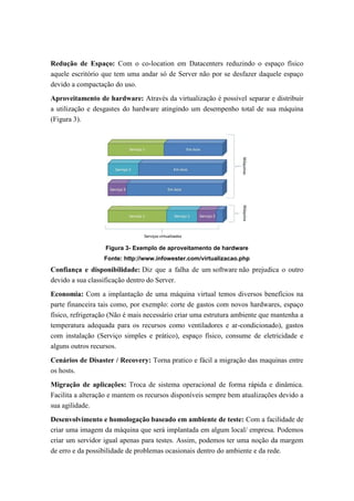 Redução de Espaço: Com o co-location em Datacenters reduzindo o espaço físico
aquele escritório que tem uma andar só de Server não por se desfazer daquele espaço
devido a compactação do uso.
Aproveitamento de hardware: Através da virtualização é possível separar e distribuir
a utilização e desgastes do hardware atingindo um desempenho total de sua máquina
(Figura 3).
Figura 3- Exemplo de aproveitamento de hardware
Fonte: http://www.infowester.com/virtualizacao.php
Confiança e disponibilidade: Diz que a falha de um software não prejudica o outro
devido a sua classificação dentro do Server.
Economia: Com a implantação de uma máquina virtual temos diversos benefícios na
parte financeira tais como, por exemplo: corte de gastos com novos hardwares, espaço
físico, refrigeração (Não é mais necessário criar uma estrutura ambiente que mantenha a
temperatura adequada para os recursos como ventiladores e ar-condicionado), gastos
com instalação (Serviço simples e prático), espaço físico, consume de eletricidade e
alguns outros recursos.
Cenários de Disaster / Recovery: Torna pratico e fácil a migração das maquinas entre
os hosts.
Migração de aplicações: Troca de sistema operacional de forma rápida e dinâmica.
Facilita a alteração e mantem os recursos disponíveis sempre bem atualizações devido a
sua agilidade.
Desenvolvimento e homologação baseado em ambiente de teste: Com a facilidade de
criar uma imagem da máquina que será implantada em algum local/ empresa. Podemos
criar um servidor igual apenas para testes. Assim, podemos ter uma noção da margem
de erro e da possibilidade de problemas ocasionais dentro do ambiente e da rede.
 