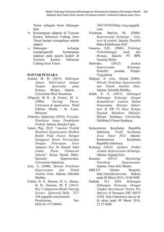 Afiyah; Dukungan Keluarga Mempengaruhi Kemampuan Adaptasi (Penerapan Model
Adaptasi Roy) Pada Pasien Kanker Di Yayasan Kanker Indonesia Cabang Jawa Timur
104
Timur sebagian besar dukungan
baik.
b. Kemampuan adaptasi di Yayasan
Kanker Indonesia Cabang Jawa
Timur hampir setengahnya adalah
adaptif.
c. Dukungan keluarga
mempengaruhi kemampuan
adaptasi pada pasien kanker di
Yayasan Kanker Indonesia
Cabang Jawa Timur.
DAFTAR PUSTAKA
Ananta, M. D. (2015). Hubungan
Antara Self-Control dengan
Tingkat Agresivitas pada
Remaja. Skripsi. Jakarta :
Universitas Bina Nusantara.
Alligood, M R., & Tomey, M. A.
(2006). Nursing Theory
Utilization & Application. Third
Edition. Mosby : St. Louis.
Missouri.
Arikunto, Suharsimi (2010). Prosedur
Penelitian Suatu Pendekatan
Praktik. Jakarta, Rineka Cipta.
Astuti, Puji. 2012. “Analisis Praktik
Residensi Keperawatan Medikal
Bedah Pada Pasien Dengan
Gangguan Sistem Persyarafan
Dengan Penerapan Teori
Adaptasi Roy Di Rumah Sakit
Umum Pusat Fatmawati
Jakarta”. Karya Ilmiah Akhir.
Spesialis Keperawatan.
Universitas Indonesia.
Aziz, A. (2008). Metode Penelitian
Keperawatan dan Teknik
Analisa Data. Jakarta, Salemba
Medika.
Clarke, N. P., Barone, H. S., Hanna,
H. D., Senesac, M. P. (2011).
Roy’s Adaptation Model Nursing
Science Quarterly.24(4). 337-
344.sagepub.com/journals
Permissions. Nav
DOI:10.1177/08943
18411419223http://nsq.sagepub.
com
Friedman, Marilya M. (2008).
Keperawatan Keluarga : riset,
teori & praktik. Jakarta, Penerbit
Buku Kedokteran EGC.
Gunarsa, S.D., (2008). Psikologi
Perkembangan Anak dan
Remaja. Jakarta: PT BPK
Gunung Mulia.
Harmoko. (2012). Asuhan
Keperawatan Keluarga.
Penerbit: pustaka Pelajar.
Yogyakarta
Hidayat, A. Aziz. Alimul (2008).
Metode Penelitian Keperawatan
dan Teknik Analisis Data.
Jakarta, Salemba Medika.
Indah, P. S. (2015). Hubungan
Dukungan Keluarga dengan
Kemandirian Lannsia Dalam
Pemenuhan Aktivitas Sehari-
hari di RW 02 Desa Kelopo
Sepuluh Sukodono Sidoarjo.
Skripsi. Surabaya: Universitas
Nahdlatul Ulama Surabaya.
Kementerian Kesehatan Republik
Indonesia. Profil kesehatan
Jawa Timur 2012. Jakarta:
Kementerian Kesehatan
Republik Indonesia
Komang (2010). Aplikasi Praktis
Asuhan Keperawatan Keluarga.
Jakarta, Sagung Seto.
Kusuma (2011). Metodologi
Penelitian Keperawatan.
Jakarta, Trans Info Media.
MRCCC Siloam Hospital,
http://meetdoctor.com, diakses
pada 09 Maret 2016, 19.00 WIB
Nadeak, R.J. 2010. Hubungan
Dukungan Keluarga Dengan
Tingkat Kecemasan Pasien Pre
Operasi di Ruangan RB2 RSUP
HAM. http://repository.usu.ac.id.
di akses pada 09 Maret 2016,
22.15 WIB
 