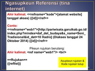 Ahir kalimat. <<refname="kode">[alamat website] 
tanggal akses) {{id}}</ref>> 
Conto: 
<<refname="web1">[http://pariwisata.garutkab.go.id/ 
index.php?mindex=daf_det_budaya&s_name=Seni_ 
Tradisional&id_det=10 Hadro] (Diakses tanggal 24 
Oktober 2014) {{id}}</ref>> 
Pikeun rujukan berulang: 
Ahir kalimat. <ref name="web1"/> <br/> 
Lisensi CC-BY-SA 3.0 16 
==Rujukan== 
{{reflist}} 
Asupkeun rujukan & 
Kode rujukan tutup 
 