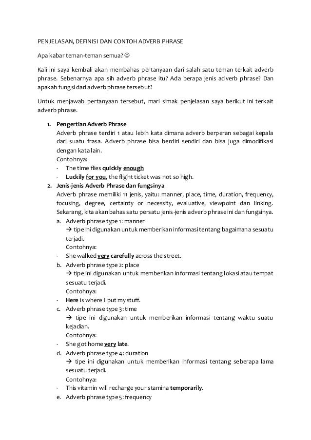 Penjelasan Definisi Dan Contoh Adverb Phrase