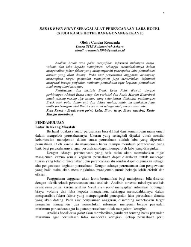 Break Even Point Sebagai Alat Perencanaan Laba Hotel