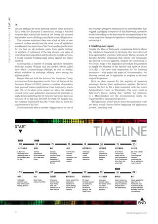 www.egrmagazine.com36
DEMYSTIFYINGGERMANYFEATURE
EU law. Perhaps the most damning opinion came in March
2012, with the European Commission issuing a detailed
response that rejected the terms of the Treaty and accused
thememberstatesoffailingtojustifythetermsoflegislation.
The response explained there was a lack of data or new
research to show exactly how the strict terms of legislation
wouldsatisfytheobjectivesoftheTreatyandnojustiﬁcation
for the ban on all products aside from sports betting.
In addition, it continued, if the law showed any signs of
restricting fair competition and freedom to provide services,
it would consider bringing legal action against the states
involved.
Consequently, a number of leading operators withdrew
from the market. William Hill and 188Bet, which pulled
their whole German-facing offerings, as well as Betfair,
which withdrew its exchange offering, were among the
highest-proﬁle.
Despite this and with the future of the Interstate Treaty
in its current form dependent on the Court of Justice of the
European Union's (CJEU) opinion, a number of operators
have pursued licence applications. Even bwin.party, which
saw 16% of its share price wiped out when the original
revised terms were published, announced its intention to
apply despite admitting the 5% turnover tax would knock up
to €10m off its full-year EBITDA for 2012. Yet despite this,
the operator maintained that the Treaty “fails to meet the
requirements of EU law”.
There have since been a number of applications for one of
the country’s 20 sports betting licences, and while this may
suggest a grudging acceptance of the framework, operators
looktobeworkingonthebasisthattheincompatibilityofthe
treatymayforcechangestolegislationratherthangenuinely
embracing it.
Starting over again
Despite the likes of bwin.party complaining bitterly about
the regulatory framework in Germany, few were deterred
from applying for a licence, with lawyer Martin Arendts of
Arendts-Anwälte estimating that almost 150 companies
had moved to secure approval. Despite two extensions to
the second stage of the application procedure, for operators
to supply the Ministry of the Interior and Sport of Hesse
(HMDIS) – the state body responsible for the licensing
procedure – with pages and pages of documentation, the
Ministry invited just 14 applicants to progress to the next
stage of the process.
With no clear reasons for the majority of operators
seemingly having their applications rejected, BetVictor
became the ﬁrst to ﬁle a legal complaint with the state’s
Administrative Court in Wiesbaden. The court ruled in
BetVictor’s favour, stating that “neither the reference
to a Memorandum nor the documentation meets the
requirements of a transparent process”.
“Theapplicantsarenotabletoassesstheapplicationcosts
and their actual chances before beginning the application
process,” the ruling read.
CJEU rules
interstate online
gambling treaty is
incompatible with
EU law
SEPTEMBER APRIL MAY JULY SEPTEMBER OCTOBER DECEMBER MARCH
MAY JULY AUGUST NOVEMBER DECEMBER DECEMBER MARCH MAY
German
government
issues proposals
for a new state
treaty
EC rules
Schleswig-
Holstein’s draft
gambling
legislation is
compliant with
EU law
Commission
criticises
German
proposals in its
detailed
opinion
Schleswig-
Holstein
passes
gambling
legislation
German
government
proposes an
amended
treaty
15 of the 16
Länder signs
treaty but will
only implement it
if the Commission
gives them the
green light
EC sends Länder
a letter
criticising new
German
proposals that
fail to address its
main concerns
Schleswig-
Holstein issues
first online sports
betting licences
State Treaty
comes into effect
Schleswig-
Holstein joins
State Treaty
after SPD
defeats CDU in
state election
Hesse extends the
application
deadline for
sports betting
licences to 21
January
EC issues
damning opinion
on Schleswig-
Holstein’s
decision to
return to the
State Treaty
Schleswig-
Holstein issues
first online casino
and poker
licences to 12
operators
Hesse carries out
consultations with
only 14 operators
despite nearly
150 applications
Hesse appeals for
legal firms to
handle 80 cases
to be brought by
private operators
excluded from the
consultations
START
TIMELINE
END
08 1510 18 14 28 15 20
03 01 01 23 10 19 18 24
2010 2011 2012
2013
 