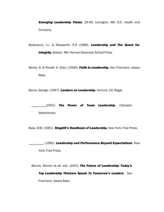 Emerging Leadership Vistas: 29-49. Lexington, MA: D.C. Health and
Company.
Badaracco, J.L. & Ellasworth, R.R (1989). Leadership and The Quest for
Integrity. Boston, MA: Harvard Business School Press
Banks, R. & Powell, K. (Eds.) (2000). Faith in Leadership. San Francisco: Jossey
Bass.
Barna, George. (1997). Leaders on Leadership. Venture, CA: Regal.
_________(2001) The Power of Team Leadership. Colorado:
Watterbrook.
Bass, B.M. (1981). Stogdill’s Handbook of Leadership. New York: Free Press.
. (1985). Leadership and Performance Beyond Expectations. New
York: Free Press.
Bennis, Warren et all, eds. (2001) The Future of Leadership: Today’s
Top Leadership Thinkers Speak To Tomorrow’s Leaders. San
Francisco: Jossey-Bass.
 
