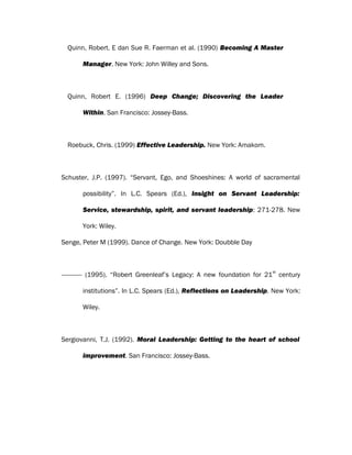 Quinn, Robert. E dan Sue R. Faerman et al. (1990) Becoming A Master
Manager. New York: John Willey and Sons.
Quinn, Robert E. (1996) Deep Change; Discovering the Leader
Within. San Francisco: Jossey-Bass.
Roebuck, Chris. (1999) Effective Leadership. New York: Amakom.
Schuster, J.P. (1997). “Servant, Ego, and Shoeshines: A world of sacramental
possibility”. In L.C. Spears (Ed.), Insight on Servant Leadership:
Service, stewardship, spirit, and servant leadership: 271-278. New
York: Wiley.
Senge, Peter M (1999). Dance of Change. New York: Doubble Day
------------ (1995). “Robert Greenleaf’s Legacy: A new foundation for 21
st
century
institutions”. In L.C. Spears (Ed.), Reflections on Leadership. New York:
Wiley.
Sergiovanni, T.J. (1992). Moral Leadership: Getting to the heart of school
improvement. San Francisco: Jossey-Bass.
 