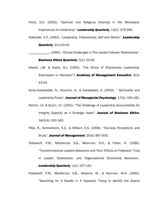 Hicks, D.A. (2002). “Spiritual and Religious Diversity in the Workplace:
Implications for leadership”. Leadership Quarterly, 13(2): 379-396.
Hollander, E.P. (1992). “Leadership, Followership, Self and Others”. Leadership
Quarterly, 3(1):43-54.
. (1995). “Ethical Challenges in The Leader-Follower Relationship”.
Business Ethics Quarterly, 5(1): 55-65.
Howell, J.M. & Avolio, B.J. (1992). “The Ethics of Charismatic Leadership:
Submission or liberation”? Academy of Management Executive, 6(2):
43-54.
Korac-Kakabadse, N., Kouzmin, A., & Kakabadse, A. (2002). “ Spirituality and
Leadership Praxis”. Journal of Managerial Psychology, 17(3): 165-182.
Petrick, J.A. & Quinn, J.F. (2001). “The Challenge of Leadership Accountability for
Integrity Capacity as A Strategic Asset”. Journal of Business Ethics,
34(3/4): 331-343.
Pillai, R., Schriesheim, C.A., & William, E.S. (1999). “Fairness Perceptions and
Study”. Journal of Management, 25(6): 897-933.
Podsakoff, P.M., MacKenzie, S.B., Moorman, R.H., & Fetter, R. (1990).
“Transformational Leaders Behaviors and Their Effects on Followers’ Trust
in Leader, Satisfaction, and Organizational Citizenship Behaviors”.
Leadership Quarterly, 1(2): 107-142.
Podsakoff, P.M., MacKenzie, S.B., Ahearne, M., & Bommer, W.H. (1995).
“Searching for A Needle in A Haystack: Trying to identify the illusive
 