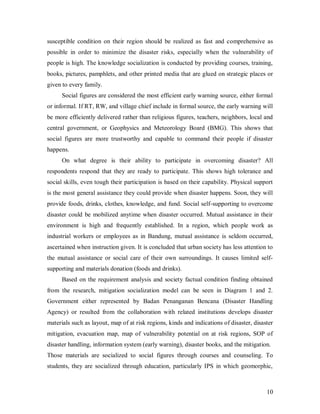 susceptible condition on their region should be realized as fast and comprehensive as
possible in order to minimize the disaster risks, especially when the vulnerability of
people is high. The knowledge socialization is conducted by providing courses, training,
books, pictures, pamphlets, and other printed media that are glued on strategic places or
given to every family.
      Social figures are considered the most efficient early warning source, either formal
or informal. If RT, RW, and village chief include in formal source, the early warning will
be more efficiently delivered rather than religious figures, teachers, neighbors, local and
central government, or Geophysics and Meteorology Board (BMG). This shows that
social figures are more trustworthy and capable to command their people if disaster
happens.
      On what degree is their ability to participate in overcoming disaster? All
respondents respond that they are ready to participate. This shows high tolerance and
social skills, even tough their participation is based on their capability. Physical support
is the most general assistance they could provide when disaster happens. Soon, they will
provide foods, drinks, clothes, knowledge, and fund. Social self-supporting to overcome
disaster could be mobilized anytime when disaster occurred. Mutual assistance in their
environment is high and frequently established. In a region, which people work as
industrial workers or employees as in Bandung, mutual assistance is seldom occurred,
ascertained when instruction given. It is concluded that urban society has less attention to
the mutual assistance or social care of their own surroundings. It causes limited self-
supporting and materials donation (foods and drinks).
      Based on the requirement analysis and society factual condition finding obtained
from the research, mitigation socialization model can be seen in Diagram 1 and 2.
Government either represented by Badan Penanganan Bencana (Disaster Handling
Agency) or resulted from the collaboration with related institutions develops disaster
materials such as layout, map of at risk regions, kinds and indications of disaster, disaster
mitigation, evacuation map, map of vulnerability potential on at risk regions, SOP of
disaster handling, information system (early warning), disaster books, and the mitigation.
Those materials are socialized to social figures through courses and counseling. To
students, they are socialized through education, particularly IPS in which geomorphic,



                                                                                          10
 