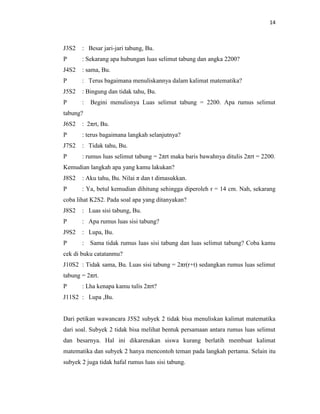 14
J3S2 : Besar jari-jari tabung, Bu.
P : Sekarang apa hubungan luas selimut tabung dan angka 2200?
J4S2 : sama, Bu.
P : Terus bagaimana menuliskannya dalam kalimat matematika?
J5S2 : Bingung dan tidak tahu, Bu.
P : Begini menulisnya Luas selimut tabung = 2200. Apa rumus selimut
tabung?
J6S2 : 2πrt, Bu.
P : terus bagaimana langkah selanjutnya?
J7S2 : Tidak tahu, Bu.
P : rumus luas selimut tabung = 2πrt maka baris bawahnya ditulis 2πrt = 2200.
Kemudian langkah apa yang kamu lakukan?
J8S2 : Aku tahu, Bu. Nilai π dan t dimasukkan.
P : Ya, betul kemudian dihitung sehingga diperoleh r = 14 cm. Nah, sekarang
coba lihat K2S2. Pada soal apa yang ditanyakan?
J8S2 : Luas sisi tabung, Bu.
P : Apa rumus luas sisi tabung?
J9S2 : Lupa, Bu.
P : Sama tidak rumus luas sisi tabung dan luas selimut tabung? Coba kamu
cek di buku catatanmu?
J10S2 : Tidak sama, Bu. Luas sisi tabung = 2πr(r+t) sedangkan rumus luas selimut
tabung = 2πrt.
P : Lha kenapa kamu tulis 2πrt?
J11S2 : Lupa ,Bu.
Dari petikan wawancara J5S2 subyek 2 tidak bisa menuliskan kalimat matematika
dari soal. Subyek 2 tidak bisa melihat bentuk persamaan antara rumus luas selimut
dan besarnya. Hal ini dikarenakan siswa kurang berlatih membuat kalimat
matematika dan subyek 2 hanya mencontoh teman pada langkah pertama. Selain itu
subyek 2 juga tidak hafal rumus luas sisi tabung.
 