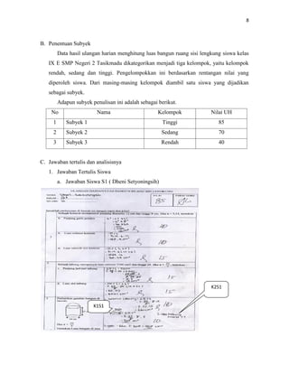 8
B. Penentuan Subyek
Data hasil ulangan harian menghitung luas bangun ruang sisi lengkung siswa kelas
IX E SMP Negeri 2 Tasikmadu dikategorikan menjadi tiga kelompok, yaitu kelompok
rendah, sedang dan tinggi. Pengelompokkan ini berdasarkan rentangan nilai yang
diperoleh siswa. Dari masing-masing kelompok diambil satu siswa yang dijadikan
sebagai subyek.
Adapun subyek penulisan ini adalah sebagai berikut.
No Nama Kelompok Nilai UH
1 Subyek 1 Tinggi 85
2 Subyek 2 Sedang 70
3 Subyek 3 Rendah 40
C. Jawaban tertulis dan analisisnya
1. Jawaban Tertulis Siswa
a. Jawaban Siswa S1 ( Dheni Setyoningsih)
K2S1
K1S1
 