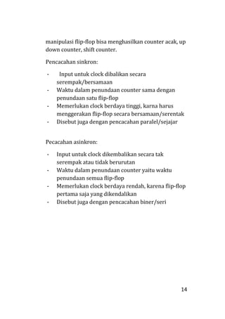14
manipulasi flip-flop bisa menghasilkan counter acak, up
down counter, shift counter.
Pencacahan sinkron:
- Input untuk clock dibalikan secara
serempak/bersamaan
- Waktu dalam penundaan counter sama dengan
penundaan satu flip-flop
- Memerlukan clock berdaya tinggi, karna harus
menggerakan flip-flop secara bersamaan/serentak
- Disebut juga dengan pencacahan paralel/sejajar
Pecacahan asinkron:
- Input untuk clock dikembalikan secara tak
serempak atau tidak berurutan
- Waktu dalam penundaan counter yaitu waktu
penundaan semua flip-flop
- Memerlukan clock berdaya rendah, karena flip-flop
pertama saja yang dikendalikan
- Disebut juga dengan pencacahan biner/seri
 