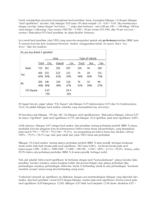 Untuk mendapatkan persentase kemungkinan hasil penelitian benar, kurangkan bilangan 1,0 dengan bilangan
“taraf signifikansi” tersebut. Jadi, bilangan 0,05 (atau .05) akan menjadi 1,0 – 0,05 = 0,95. Jika membacanya
dengan cara lain, bukan dengan “nol koma …”, maka akan berbunyi: satu (100 per 100 –> 100 dibagi 100 kan
sama dengan 1) dikurangi 5 per seratus (100/100 – 5/100) = 95 per seratus (95/100), alias 95 per sen (sen =
seratus). Maksudnya 95% hasil penelitian itu dapat diyakini benarnya.
Ini contoh hasil penelitian (dari CRS) yang mencoba mengetahui apakah ada perbedaanpembelian BBM jenis
X menurut kota dan jenis kendaraan bermotor. Analisis menggunakan teknik chi square (baca “kay
skwer” alias kay kuadrat).
Di bagian bawah, sejajar tulisan “Chi Square” ada bilangan 0.07 (indonesianya 0,07) dan 24.4 (indonesianya
24,4). Itu adalah bilangan hasil analisis statistika yang menunjukkan kay skwernya.
Di bawahnya ada bilangan .795 dan .001. Itu bilangan taraf signifikansinya. Maksudnya bilangan sebesar 0,07
itu hanya “signifikan” pada taraf signifikansi 0,795, dan bilangan 24,4 signifikan pada taraf signifikansi 0,001.
Lebih jelasnya, bilangan 0,07 sebagai hasil analisis data penelitian tentang perbedaan pembeli BBM X antara
penduduk kota dan pinggiran kota itu kebenarannya (bahwa benar-benar ada perbedaan), yang ditunjukkan
pada taraf 0,795 ( = 795/10 = 79,5/100 = 79,5%), itu mengandung arti bahwa hanya bisa diyakini sebesar
100% – 79,5% = 20,5% saja. Jadi, jauh sekali dari yakin 100% benar ada perbedaan.
Bilangan 24,4 hasil analisis tentang adanya perbedaan pembeli BBM X antar pemilik berbagai kendaraan
(beda mobil, beda beli) berada pada taraf signifikansi .001 (atau 0,001). Itu berartiberada pada taraf
kepercayaan 1,000 – 0,001 (= 1000/1000 – 1/1000 = 100/100 – 1/100 = 100% – 0,1%) = 99,9%. Artinya, yakin
99,9% bahwa ada perbedaan pembelian BBM X di antara pemilik berbagai mobil.
Nah, jadi jelaslah bahwa taraf signifikansi itu berkaitan dengan taraf “kemeyakinkanan” adanya korelasi (jika
penelitian korelasi–misalnya antara kerajinan kuliah dan prestasibelajar) atau adanya perbedaan (jika
perbandingan–misalnya perbandingan efektivitas teknik A berbanding teknik B, atau perbandingan “kesukaan
membeli sesuatu” antara orang desa berbanding orang kota).
Tradisional (manual) uji signifikansi itu dilakukan dengan cara membandingkan bilangan yang diperoleh dari
analisis data hasil penelitian (misal 0,07) dengan bilangan standar pada taraf signifikansi tertentu (misal pada
taraf signifikansi 0,05 bilangannya 12,08). Bilangan 0,07 lebih kecil daripada 12,08 (lazim dituliskan 0,07 <
 
