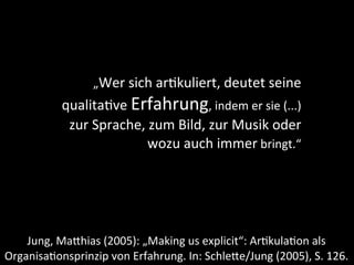 „Wer	
  sich	
  ar+kuliert,	
  deutet	
  seine	
  
              qualita+ve	
  Erfahrung,	
  indem	
  er	
  sie	
  (...)	
  
               zur	
  Sprache,	
  zum	
  Bild,	
  zur	
  Musik	
  oder	
  
                                wozu	
  auch	
  immer	
  bringt.“




    Jung,	
  MaDhias	
  (2005):	
  „Making	
  us	
  explicit“:	
  Ar9kula9on	
  als	
  
Organisa9onsprinzip	
  von	
  Erfahrung.	
  In:	
  SchleDe/Jung	
  (2005),	
  S.	
  126.
 