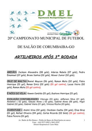 20º CAMPEONATO MUNICIPAL DE FUTEBOL
DE SALÃO DE CORUMBAIBA-GO
ARTILHEIROS APÓS 3ª RODADA
AREIÃO= Jackson Alexandre (08 gols), Aderso Rabelo (07 gols), Pedro
Emannuel (07 gols), Bruno Santos (02 gols), Waver Junior (02 gols).
CRUZ DE MALTA= Raniel Maycon (06 gols), Ramon Mota (02 gols), Fabio
Henrique (01 gol), Renan Diniz (02 gols) (01 gol contra), Lucas Vieira (02
gols), Ramon Mota (01 gol contra).
É NÓIS DO VILA= Kewen Candido (01 gol), Gustavo Henrique (01 gol).
EVOLUÇÃO CONTABILIDADE= Vitorugo (03 gols), Jefferson Silva (01 gol),
Alicleiton ( 02 gols), Glaudo Alves ( 03 gols), Gabriel Alves (06 gols), Higor
Gabriel (02 gols), Gabriel Vieira (01 gol), Vinicius Rocha (03 gols).
JUVENTUDE = André Silva (02 gols), Cleidison Coelho (04 gols), Elias Braz
(01 gol), Rafael Oliveira (04 gols), Carlos Ricardo (02 Gols) (01 gol contra),
Fabio Pereira (01 gol).
Av: Barão do Rio Branco - Prédio do Banco do Brasil/porta em anexo
Fone – (64) 9237-6902 e 9641-8282
Diretor Responsável: Cairo Maia
1
 