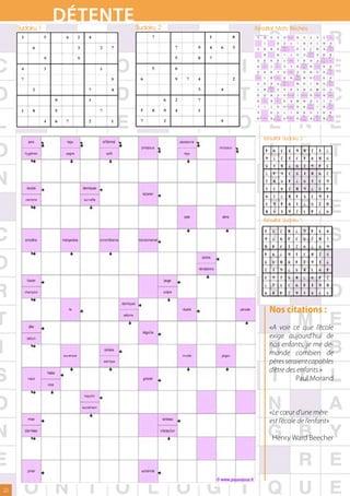 Sudoku 1
                      dÉTeNTe       Sudoku 2                                                    Résultat Mots fléchés
                                                                                                                  Yams Gratuit   Gratuit Jeux   Jeux Gratuits   Jeux Gratuit   Annonces Google




ts sur Pausejeux.fr - Grille n°65              http://www.pausejeux.fr/lettres/motsfleches/popup.php?id=65




                     Mots fléchés                                                                                                                                                 Mots fléchés




                                                                                                           Résultat Sudoku 2
                                                                        http://www.pausejeux.fr/lettres/motsfleches/popup.php?id=65                                                    hés gratuits sur Pausejeux.fr - Grille n°65




                                                                                                           Résultat Sudoku 1




                                                                                                                 Nos citations :
                                                                                                                 «A voir ce que l’école
                                                                                                                 exige aujourd’hui de
                                                                                                                 nos enfants, je me de-
                                                                                                                 mande combien de
                                                                                                                 pères seraient capables
                                                                                                                 d’être des enfants.»
                                                                                                                           Paul Morand



                                                                                                                 «Le cœur d’une mère
                                                                                                                 est l’école de l’enfant»

                                                                                                                     Henry Ward Beecher




 22
 