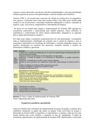 e passos a serem observados, que devem estar bem fundamentados e com uma metodologia
voltada à garantia de sucesso da implementação e máxima relação custo/ benefício.
Taurion (1999, p. 16) ressalta que o processo de seleção do sistema deve ser pragmático,
mas rigoroso o suficiente para evitar uma escolha errada. Uma falha nesse sentido pode
resultar no uso de processos e tecnologia totalmente inadequados à cultura e operação do
negócio, o que, com certeza, comprometeria o desempenho da empresa.
Na busca de um modelo para seleção e implementação de Sistemas ERP apoiada por
consultorias empresarial e especializada para médias empresas, foram utilizados as
experiências e conhecimento de vários autores referenciados, chegando-se as seguintes
fases e etapas demonstradas no quadro 2.
Em todas essas etapas a consultoria empresarial deve ter uma participação e acompanhar
todas as implementações, trabalhando em conjunto com o comitê da empresa e com os
consultores especialistas em tecnologia de informação e sistemas integrados porque isso
interfere diretamente na estrutura dos processos, controles internos e sistema de
informações contábeis e gerenciais.
FASE ETAPAS
PRÉ-
IMPLE
MENT
AÇÃO
Criação de um comitê para elaboração de um plano de implementação de Sistemas ERP com
apoio da alta administração.
Criação da Visão e Levantamento das Necessidades da organização
Determinar o modelo de gestão e os indicadores de desempenho da gestão econômico-
financeira.
Determinar o investimento a ser feito e qual o retorno esperado.
Escolha de uma consultoria com experiência comprovada implementação de Sistemas ERP e
TI.
Análise e avaliação dos Sistemas ERP existentes no mercado.
Processo de Seleção e escolha do fornecedor de ERP.
Avaliação dos Recursos de TI.
IMPLE
MENT
AÇÃO
Metodologia de implementação.
Planejamento e Cronograma de implementação.
Definição da equipe de implementação.
Gestão de mudança (desenvolvimento de lideranças, conscientização e treinamento).
Desenvolvimento técnico (conversão, interfaces, soluções específicas e adaptações).
Follow-up do cronograma de implementação.
Teste e validação dos módulos implementados.
Teste-Piloto dos módulos validados.
PÓS-
IMPLE
MENT
AÇÃO
Estabilização do sistema
Concretização dos benefícios planejados
Implementação de sistemas complementares
Planejamento pós-implementação.
Quadro 2- Fases e etapas de implementação de Sistemas ERP
Fonte: Organizado pelo autor
O papel da consultoria especializada
Antes de contratar uma consultoria de implementação do pacote de gestão, a empresa deve
estabelecer claramente os papéis das partes no projeto. Estão envolvidos no projeto o
fornecedor do Sistema ERP, a consultoria, os especialistas e a empresa, cada um com uma
função distinta para evitar conflitos e desgastes na fase de implantação. O papel da
consultoria especializada é de implementação do Sistema ERP, identificando e resolvendo
 