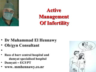 ActiveActive
ManagementManagement
Of InfertilityOf Infertility
• Dr Muhammad El Hennawy
• Ob/gyn Consultant
•
• Rass el barr central hospital and
dumyat specialised hospital
• Dumyatt – EGYPT
• www. mmhennawy.co.nr
 