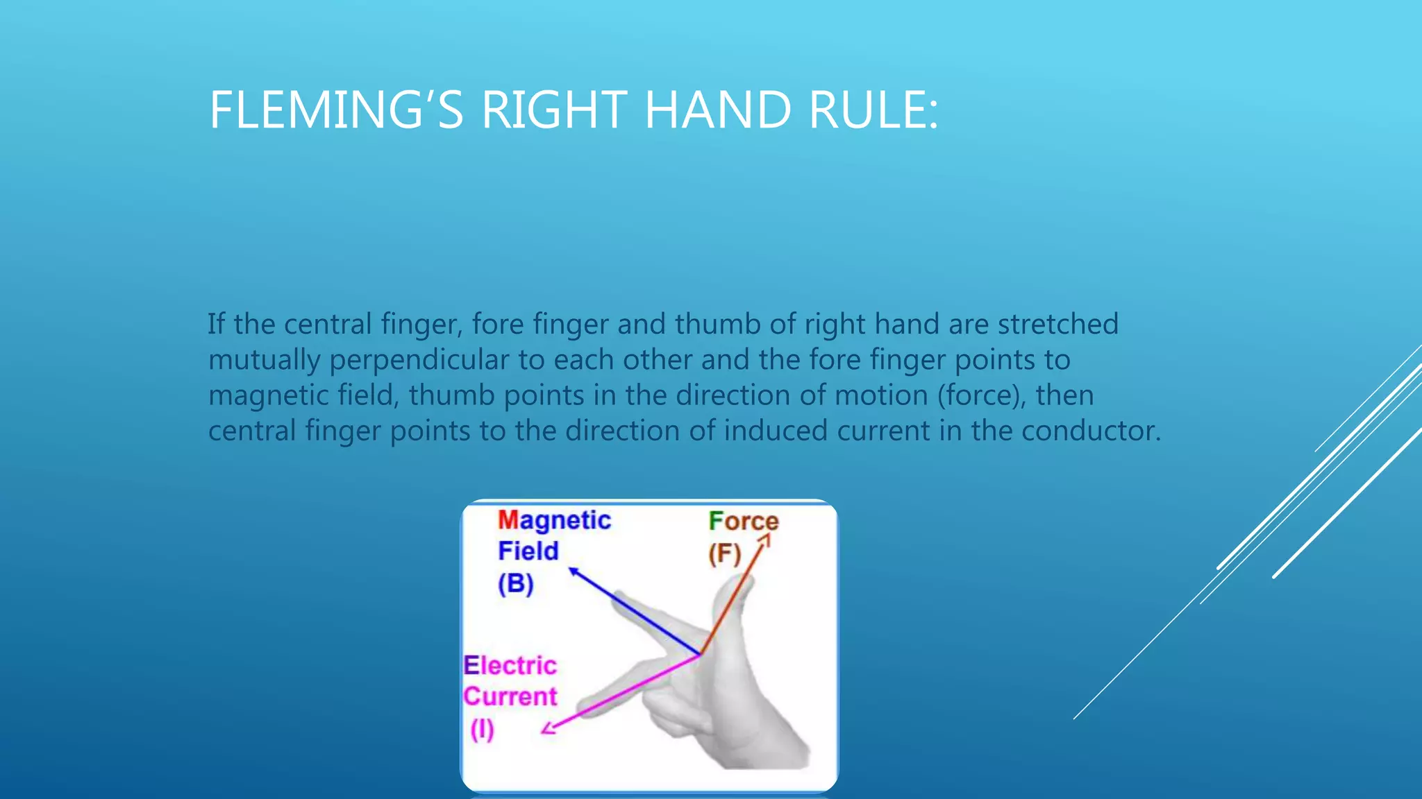 FLEMING’S RIGHT HAND RULE:
If the central finger, fore finger and thumb of right hand are stretched
mutually perpendicular to each other and the fore finger points to
magnetic field, thumb points in the direction of motion (force), then
central finger points to the direction of induced current in the conductor.
 