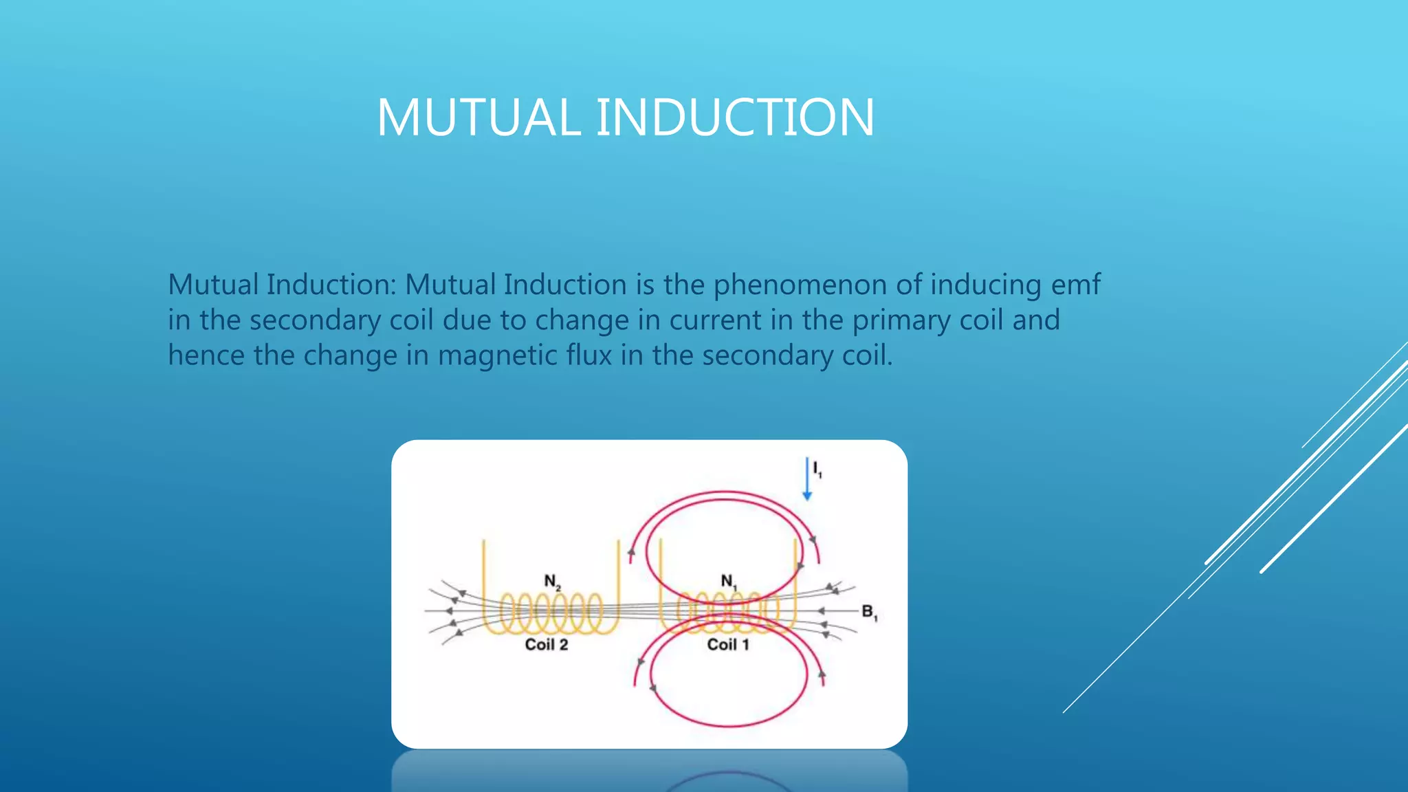 MUTUAL INDUCTION
Mutual Induction: Mutual Induction is the phenomenon of inducing emf
in the secondary coil due to change in current in the primary coil and
hence the change in magnetic flux in the secondary coil.
 