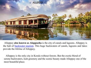Alleppey also known as Alappuzha is the city of canals and lagoons. Alleppey is
the hub of backwater tourism. This huge backwaters of canals, lagoons and lakes
provide the lifeline of Alleppey.
Alleppey is the only city in Kerala without forests. But the exotic blend of
serene backwaters, lush greenery and the scenic beauty made Alleppey one of the
most beautiful place.
ALLEPPEY
 