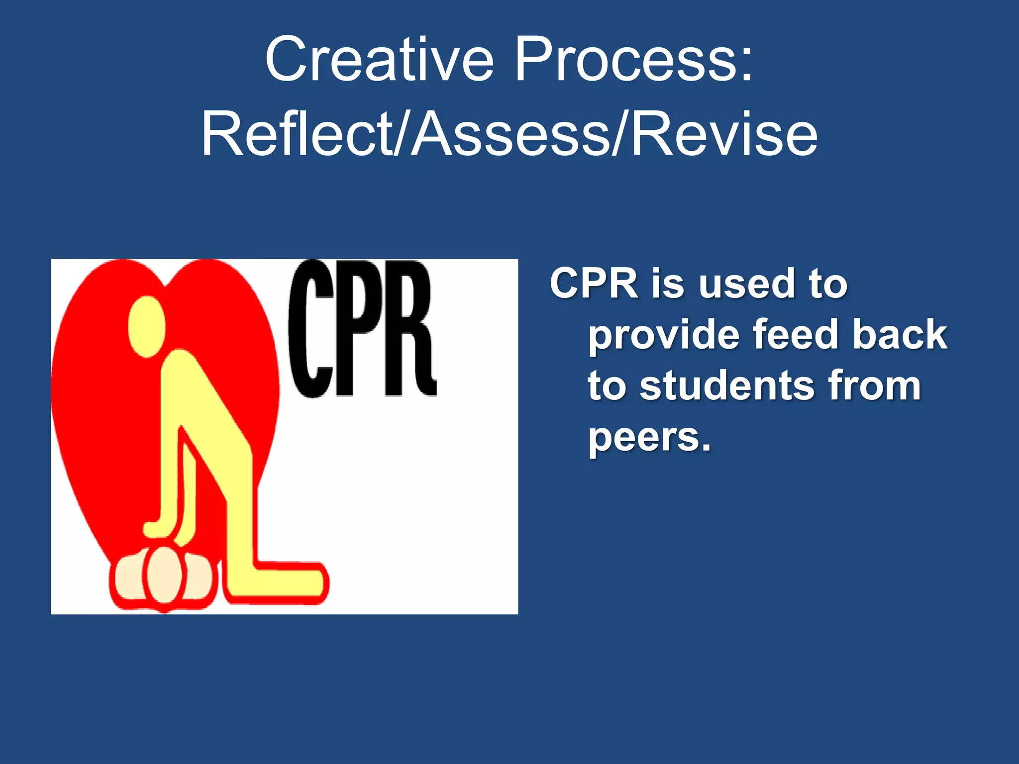Creative Process:
Reflect/Assess/Revise
CPR is used to
provide feed back
to students from
peers.
Insert Your Picture Here
 